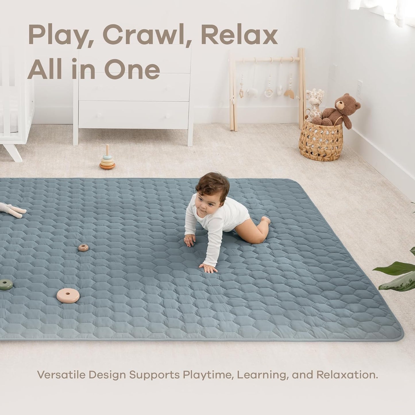 Comfy Cubs Rectangle Kids Play Mat - Large 60 x 96 inches Soft Quilted Baby Floor Mat with Non-Slip Bottom - Plush Design for Toddlers' Playtime and Relaxation - Comfortable and Durable - Pacific Blue