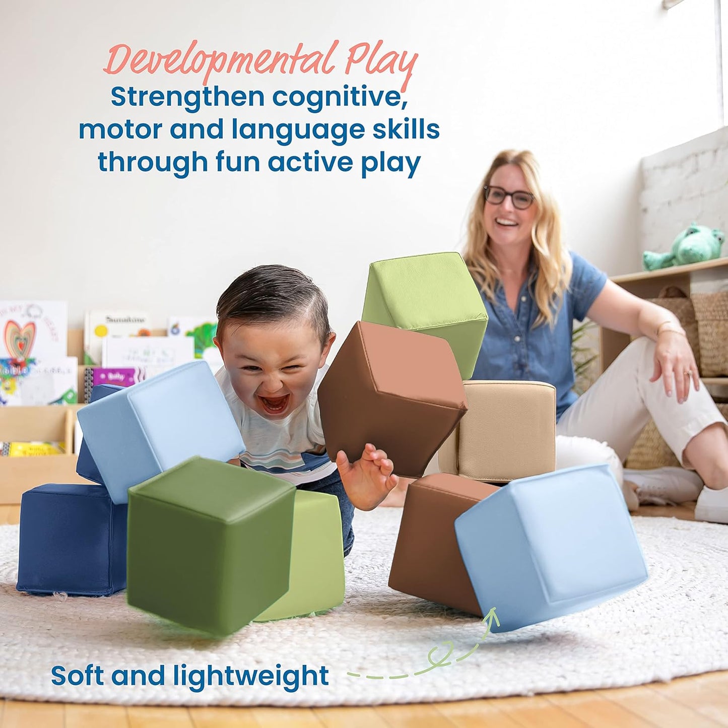 ECR4Kids SoftZone Patchwork Toddler Building Blocks, Foam Cubes, Earthtone, 12-Piece