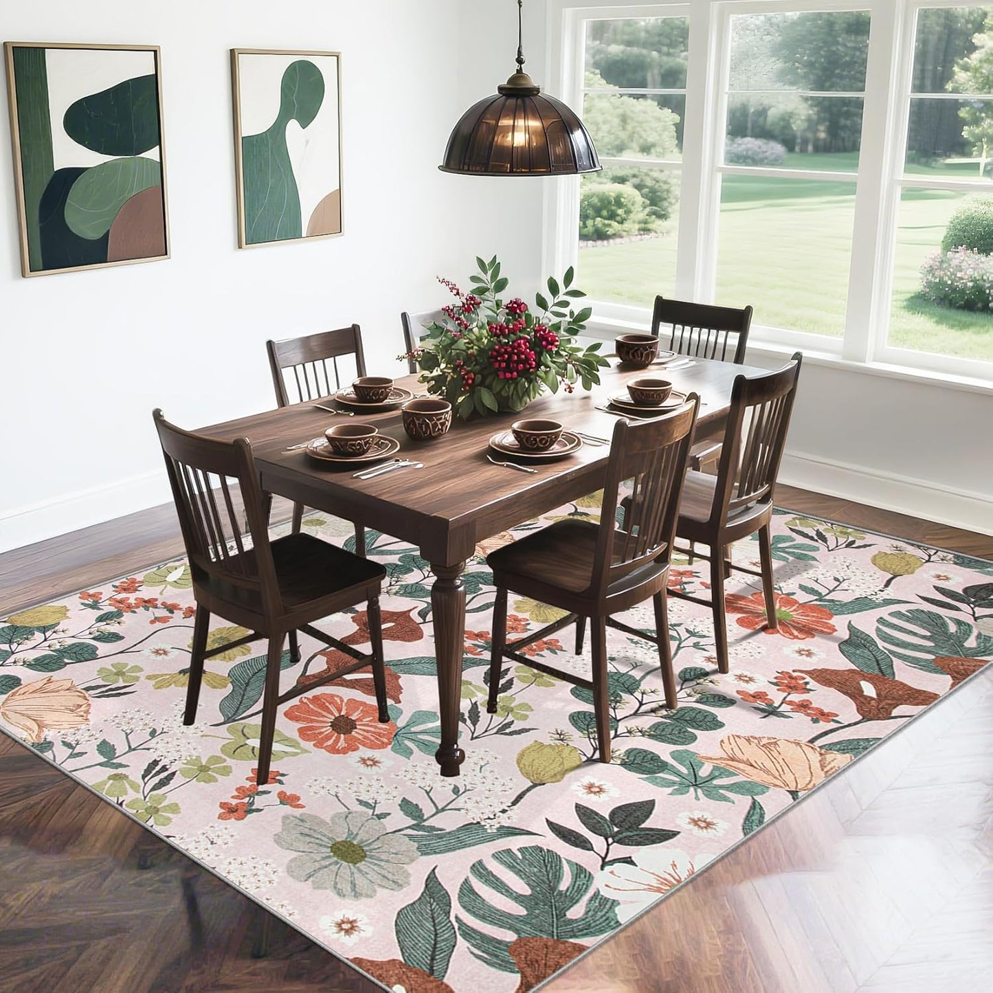 Area Rug Living Room Rugs: 6x9 Washable Rug Vintage Floral Soft Boho Non Slip Carpet Indoor Floor Non Shedding Low Pile Thin Carpets for Bedroom Dining Room Farmhouse Nursery Home Office Light Pink