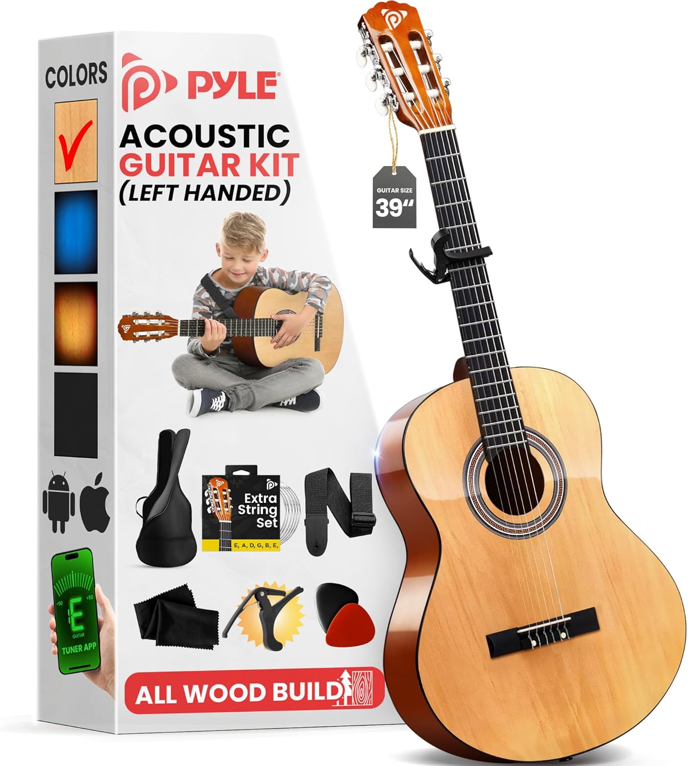 Pyle Left Handed Beginner Acoustic Guitar Kit, 4/4 Full Size All Wood Build Nylon String Instrument with Capo, Strap, Extra String Set, Gig Bag, Guitars for Beginners Adults Youth, 39" Natural Gloss