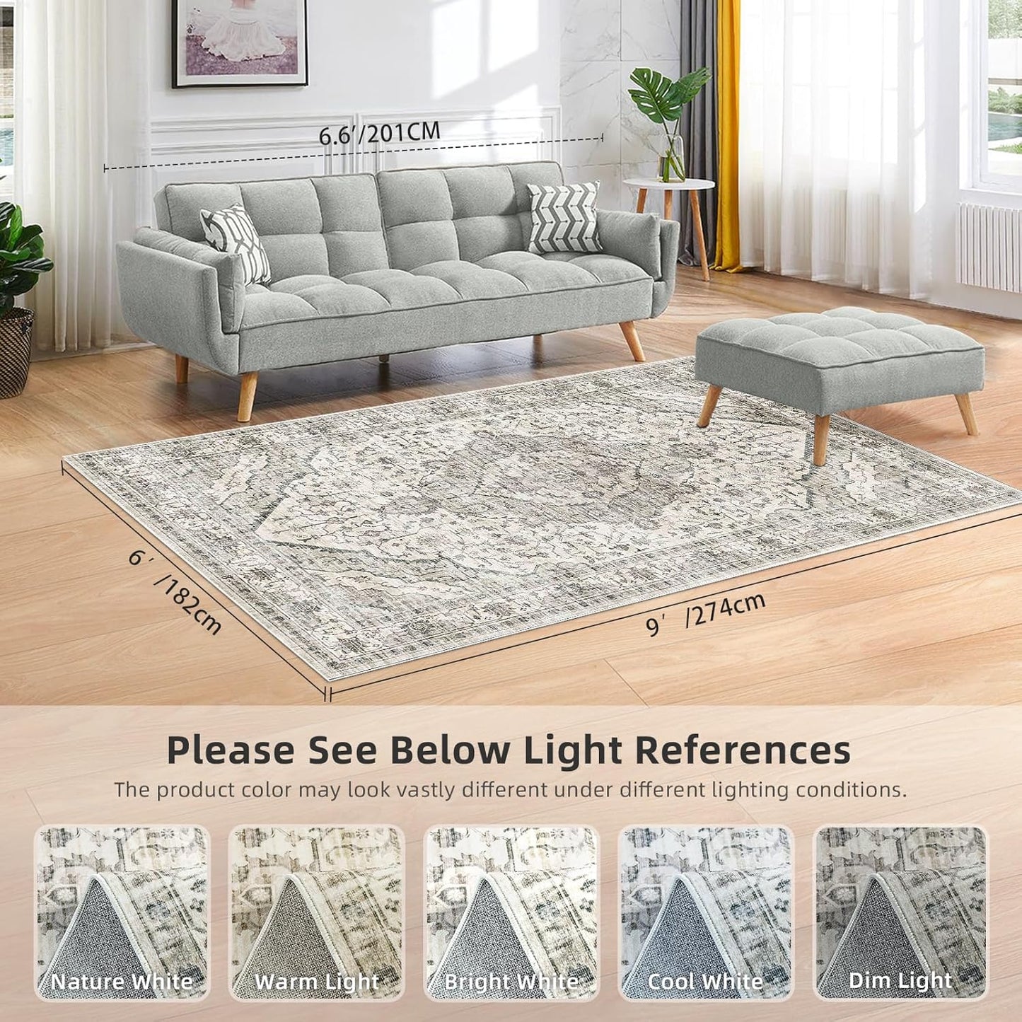 Boho 6x9 Area Rug Vintage Rugs for Living Room, Washable Rugs Non Slip Large Area Rug for Dining Room Bedroom Office, Floor Decoration Big Rug Mat Low-Pile (Cream)