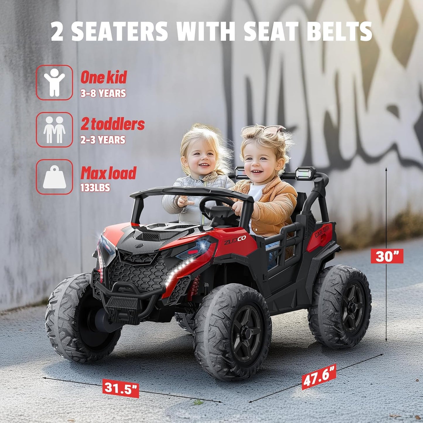 24V 2 Seater Ride on Car Truck, 4x200W, EVA Tires, 4WD/2WD, Rainbow Lights, Remote Control, Shock Absorbers, Bluetooth, Ride On UTV Toy for Kids Ages 3-8, Red