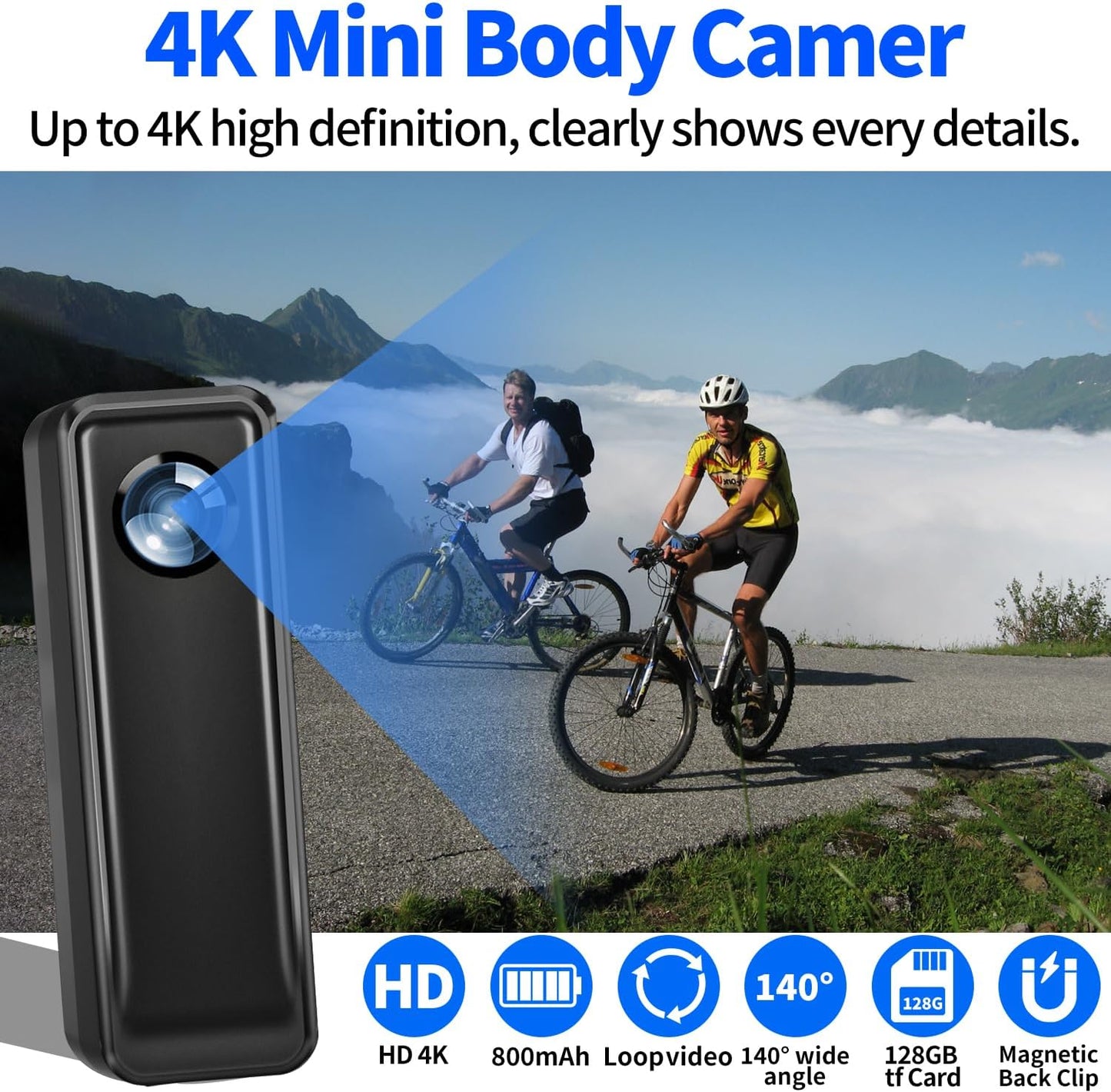 Body Camera 128GB, 4K 30FPS Action Camcorder, Hands Free Sports Camera with Magnetic Back Clip, Mini Body Cam POV Records with Audio and Video Recording for Traveling Cycling Vlogging