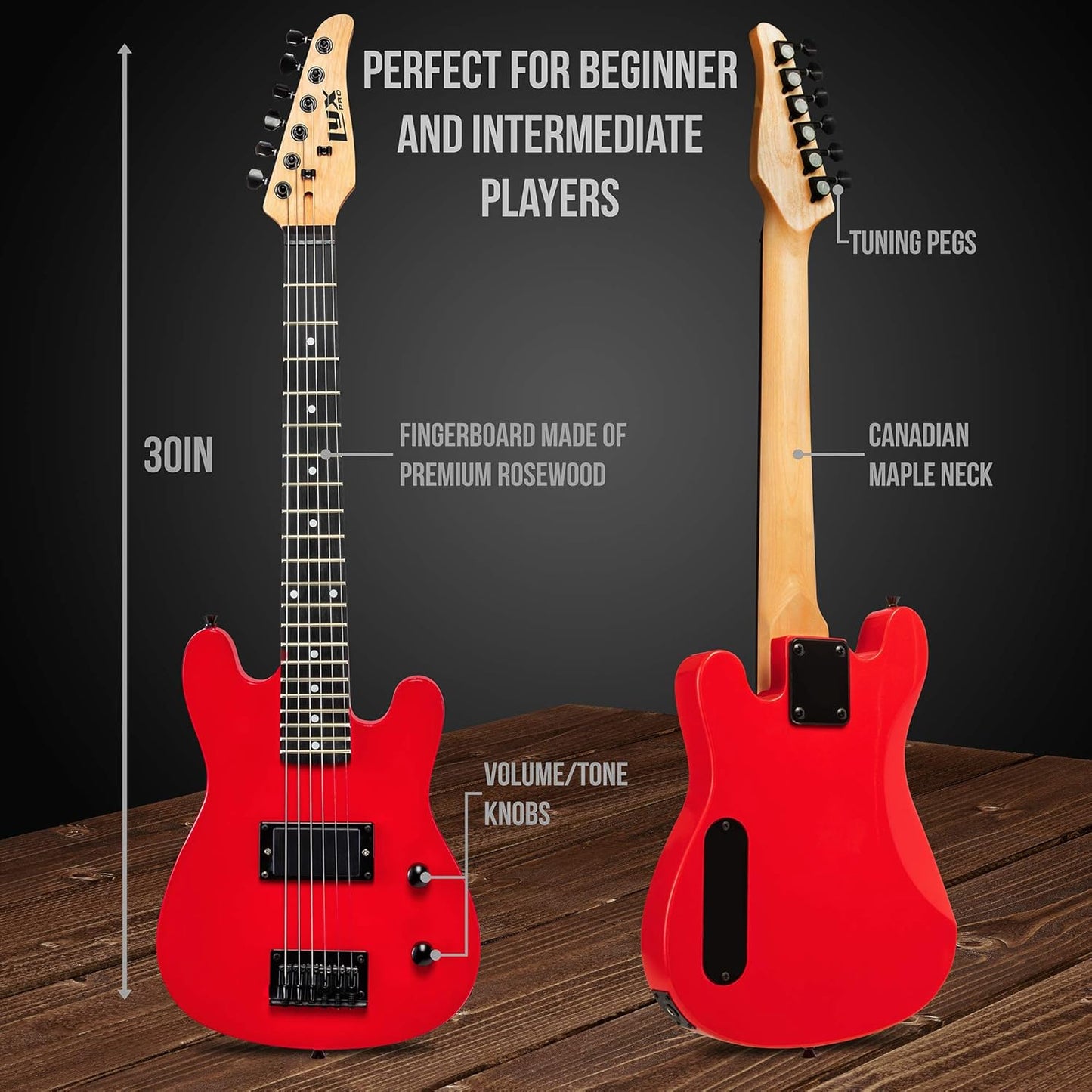 LyxPro 30 Inch Electric Guitar and Starter Kit for Kids with 3/4 Size Beginner’s Guitar, Amp, Six Strings, Two Picks, Shoulder Strap, Digital Clip On Tuner, Guitar Cable and Soft Case Gig Bag - Red