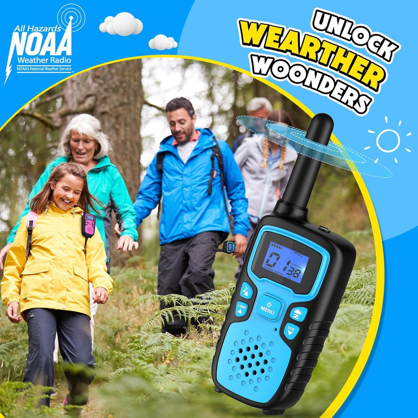 Wishouse Walkie Talkies for Kids Rechargeable Long Range,Xmas Birthday Gift for 4 5 6 7 8 9 Year Old Boys Girls,Hiking Gear Camping Games Cool Toys with NOAA,SOS Siren,Lamp,Lanyards,Easy to Use,4 Pack