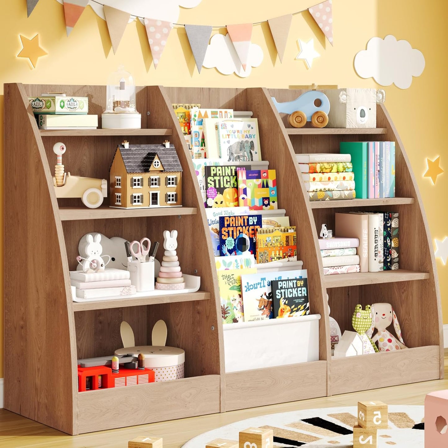 4 Tier Kids Bookshelf, 4 Layer Sling Kids Book Shelf for Kids Rooms, XXL Wood Children Bookcase,Baby Storage Book Rack,Toddler Bookshelf, Book and Toy Organizer,Book Display Shelf Burlywood