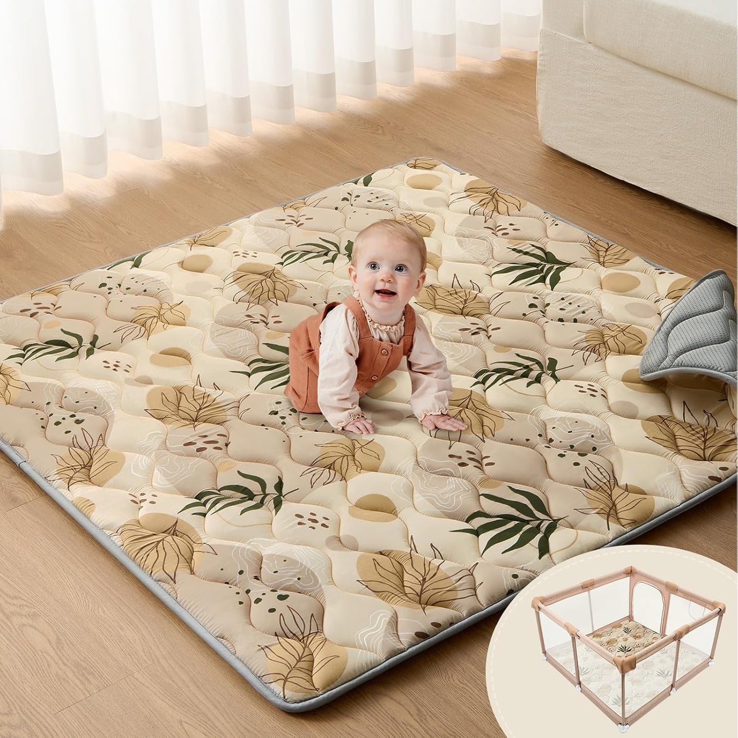 Blissful Diary Baby Play Mats for Floor, 50x50 Playpen Mat, Thicken Cushioning Padding Foam Playmate for Baby and Toddlers Infants, Non-Slip & Machine Washable, Earth Tones Design