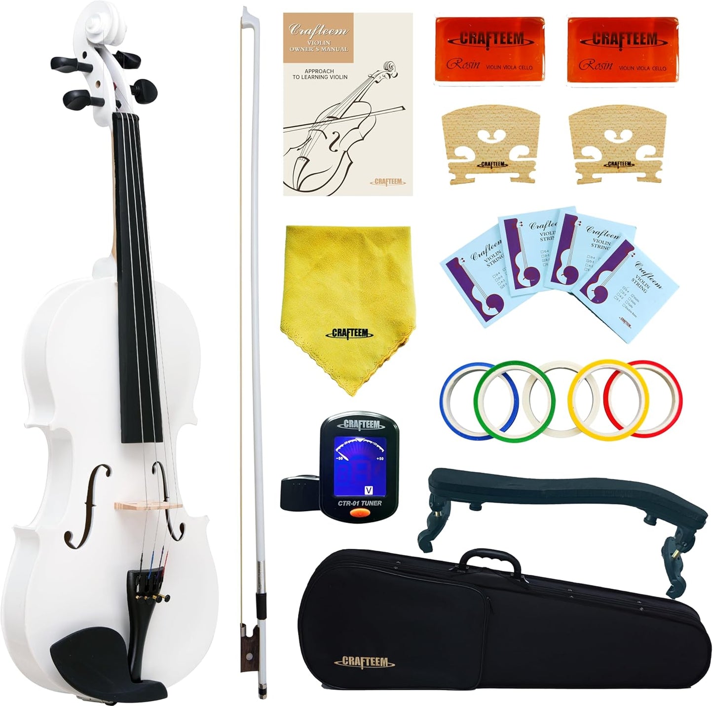 1/4 Fiddle White Colored Premium Violin Outfit for Beginners Adults Kids With 5 Color Fingering Tape- Handcrafted Student Beginner Violin.