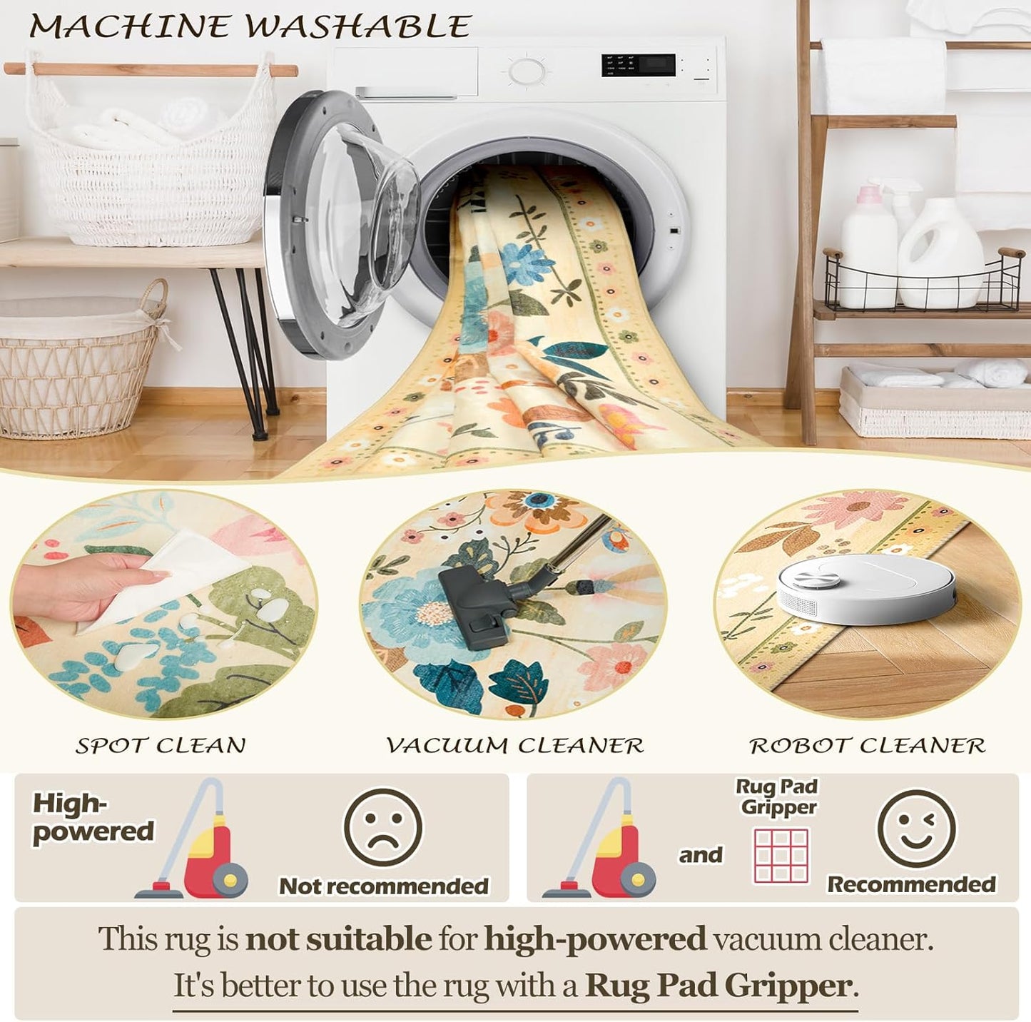 Floral 8ft Area Rug Machine Washable Soft Print Boho Carpet Non Slip Doormat Low Pile Flower Area Rugs for Living Room Bedroom Nursery Kitchen Dining Room Indoor-Ivory/Yellow