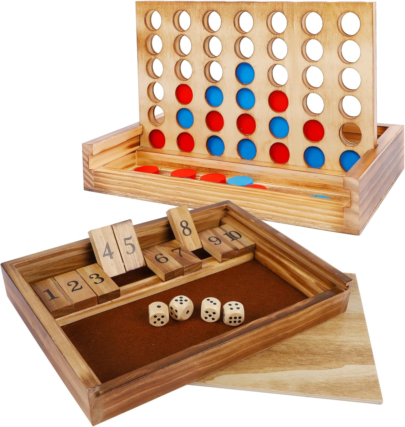 Glintoper Shut The Box & 4 in a Row Tables Game Set, Classic Wood Dice Game with Numbers & Line Up 4 Game for Kids Family, Living Room Rustic Coffee Table Decor, Travel Game Strategy Board Games