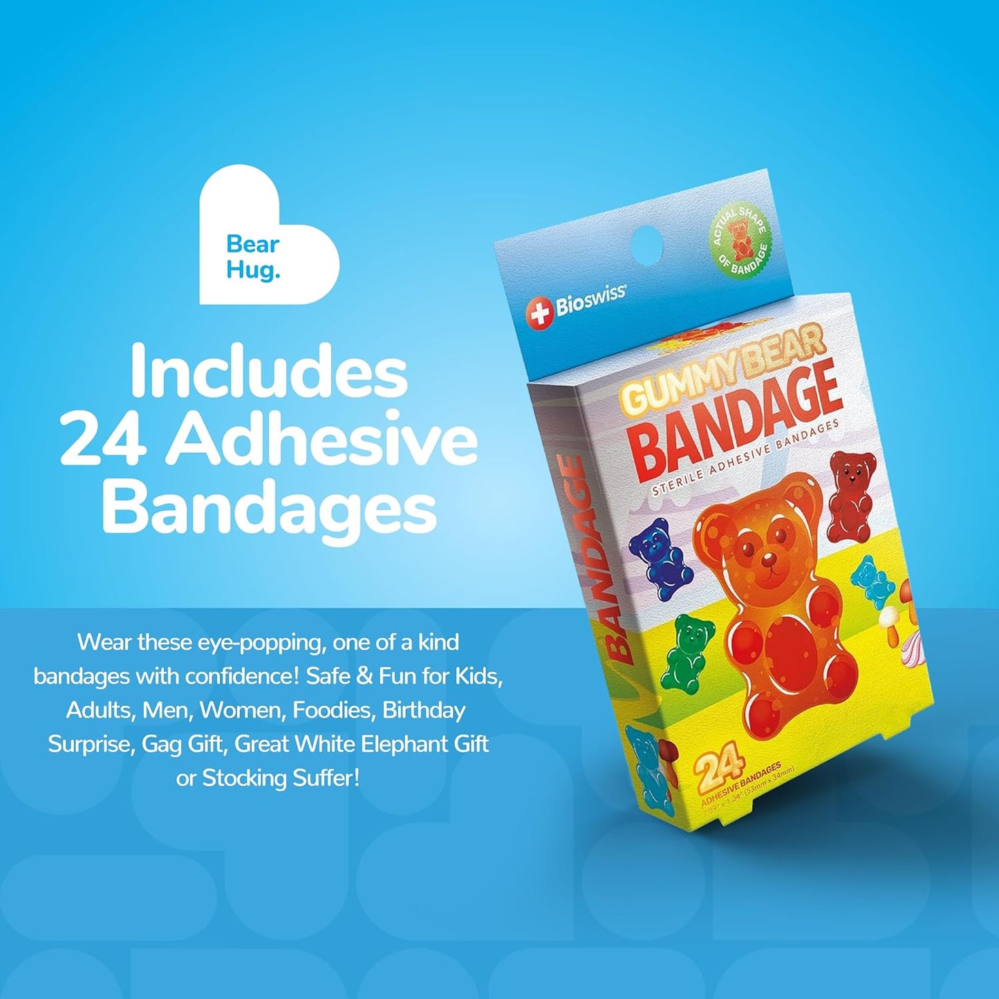 BioSwiss Bandages, Gummy Bear Shaped Self Adhesive Bandage, Latex Free Sterile Wound Care, Fun First Aid Kit Supplies for Kids, 24 Count
