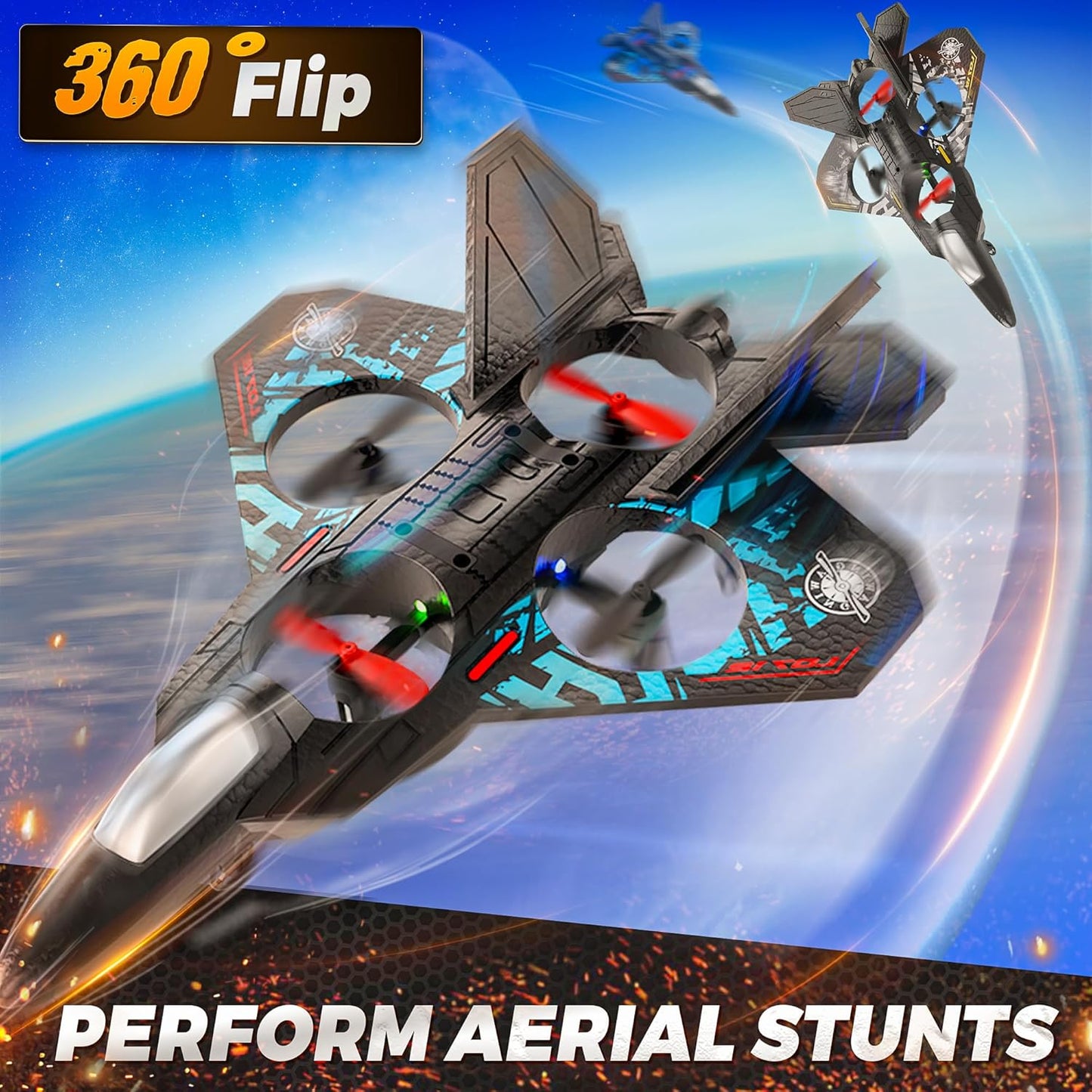 BEZGAR Drones for Kids | 2.4GHZ RC Plane, Remote Control Airplane, RC Helicopter, 360° Flip Fighter Jet Toy with Colorful LED Navigation Light Blue