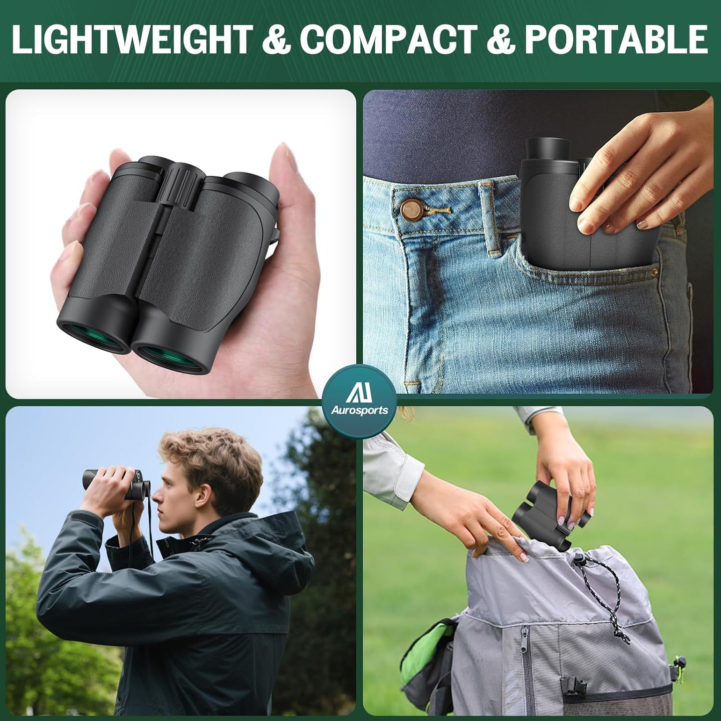 Aurosports 16x32 Compact Binoculars for Adults and Kids - High Powered Small Binoculars with Low Light Vision - Easy Focus Lightweight binos for Bird Watching Hunting Travel Hiking