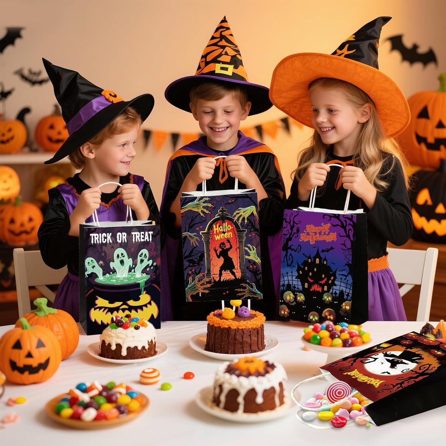 Winrayk Glow Halloween Trick or Treat Tote Paper Bags, Self-designed Party Favor Goodie Candy Gift Bags Bulk (4 Styles, 24 Pack), Neon Glow in the Dark Kids Halloween Party Favors Birthday Supplies