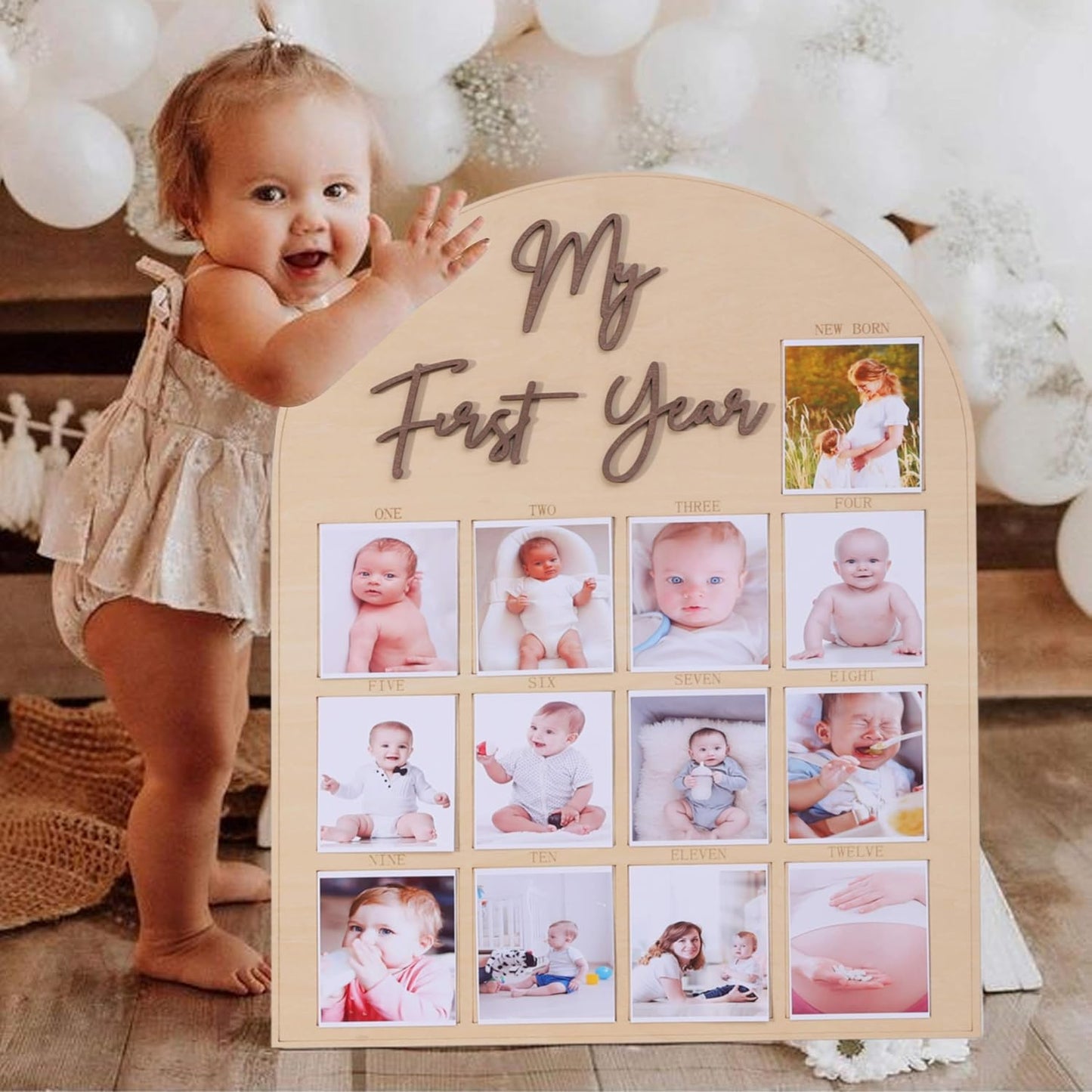 One Year Wood Photo Board - My First Year Month Milestone Board, Girl/Boy 1st Birthday Decorations, 12 Months Banner