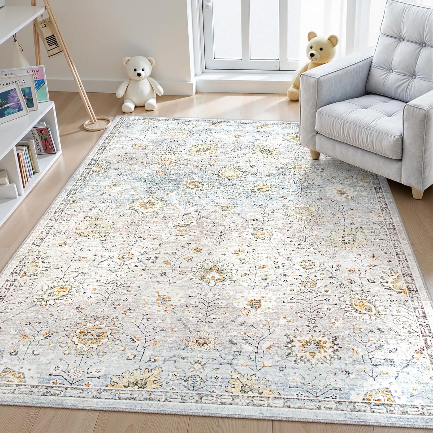 Lahome Boho Light Blue Area Rug 5x7 for Living Room, Soft Large Floral Rug for Bedroom Aesthetic, Machine Washable Floor Carpet Non Slip Indoor for Home Decor
