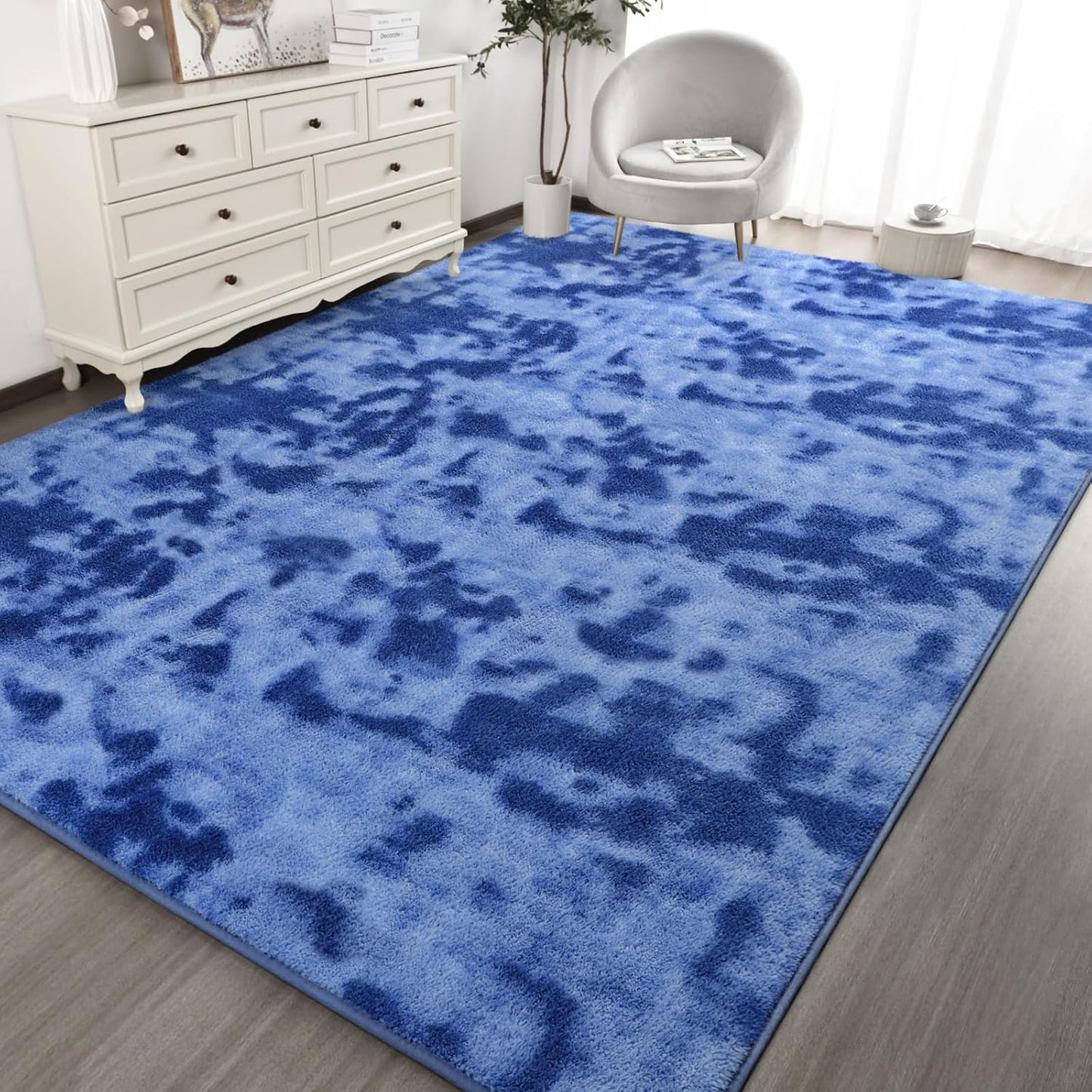 Kimicole 5x8 Washable Area Rugs for Bedroom Living Room, Low Pile Ulta-Thin Solid Color Rug, Non-Slip Soft Fluffy Carpet for Nursery Kids Room Dorm Room Home Decor (Blue)