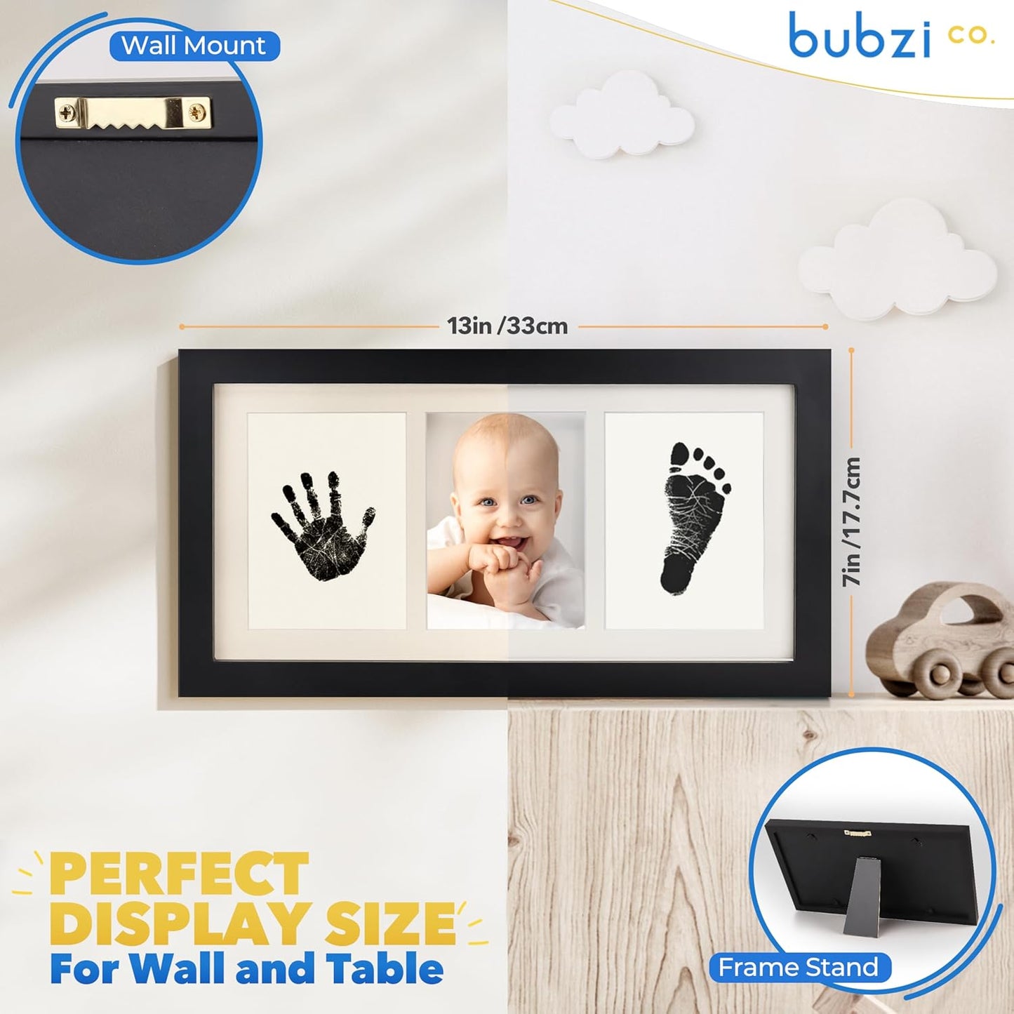 Bubzi Co Baby Handprint Kit & Footprint Photo Frame for Newborn Girls and Boys, Unique Baby Shower Gifts Set for Registry, Memorable Keepsake Decorations for Room Wall or Nursery Decor (Jet Black)