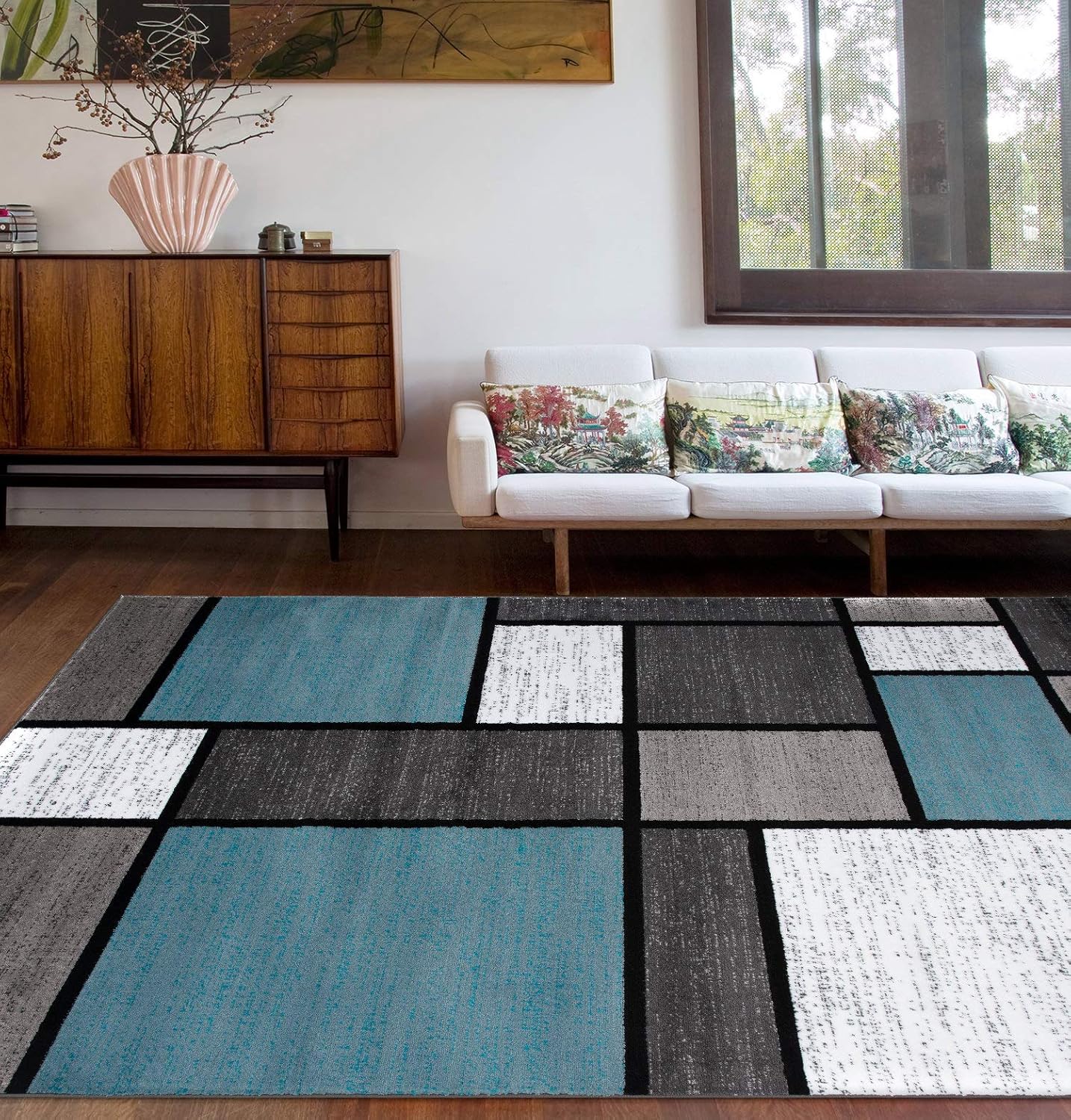 Rugshop Contemporary Modern Boxes for Home Office,Living Room,Bedroom,Kitchen Non Shedding Area Rug 5' 3" X 7' 3" Blue/Gray