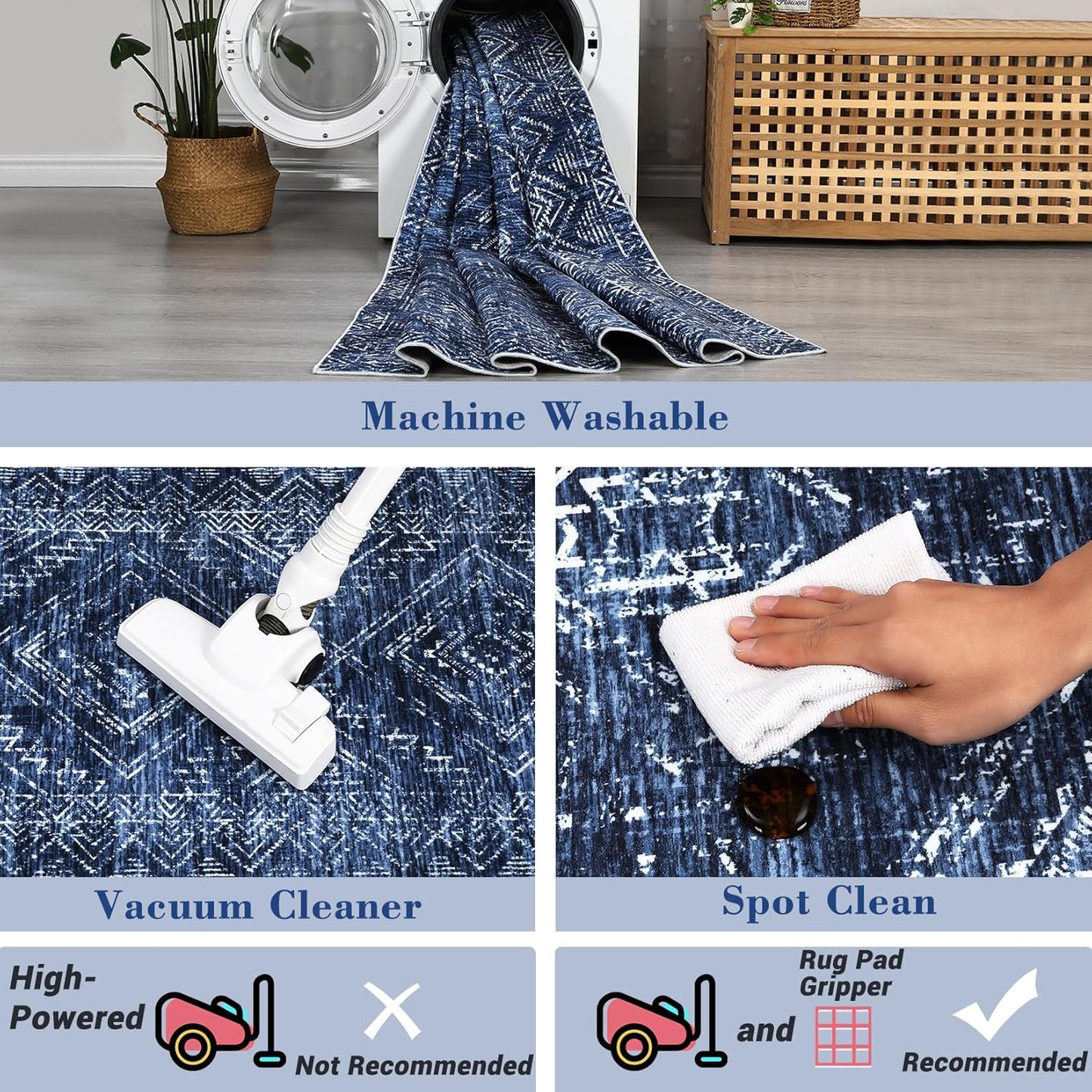 COZYLOOM Washable Runner Rug 2x8 Vintage Non Slip Low Pile Rug Soft Throw Floor Cover Geometric Tribal Foldable Indoor Carpet for Living Room Bedroom Hallway, Blue