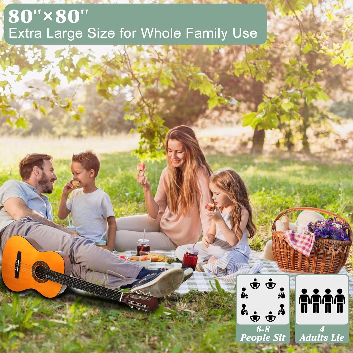 HX&OD Outdoor Picnic Blanket, Extra Large, 80''x80'' Waterproof Foldable Blankets Gingham Picnic Mat for Beach, Camping Grass Lawn Park Accessories Cute Couple Ideas Wedding (Green, 80”x80”)