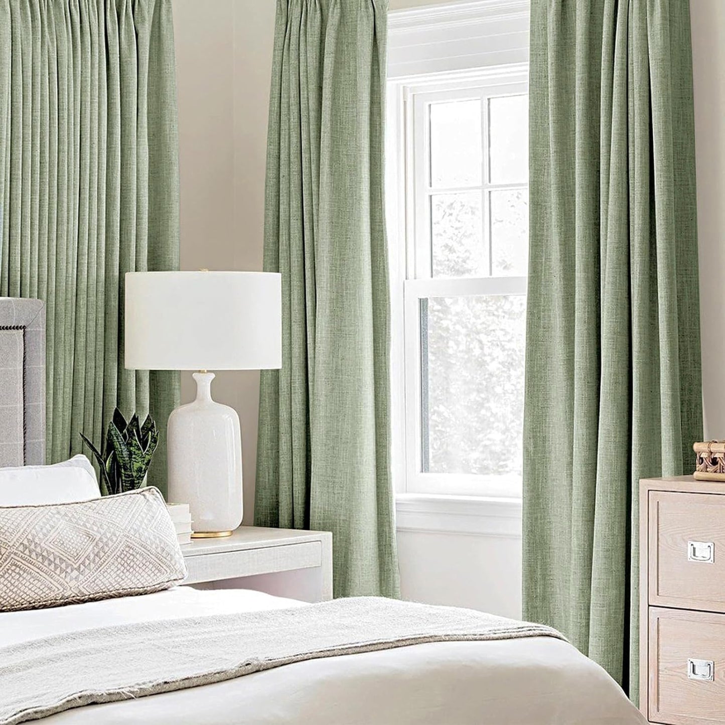 MIULEE Linen Texture Curtains for Bedroom Solid 100% Blackout Thermal Insulated Sage Green Curtains Grommet Room Darkening Drapes for Living Room Nursery 52x63 Inch (2 Panels)