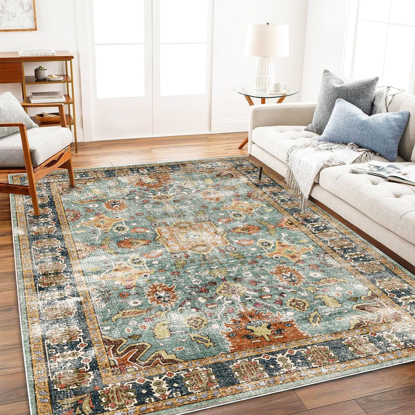 Area Rug 3'x5' Washable Vintage Traditional Floor Rugs Cover Foldable Thin Retro Accent Indoor Distressed Non Slip Carpet Floral Print Mat Bedroom Living Room Bathroom