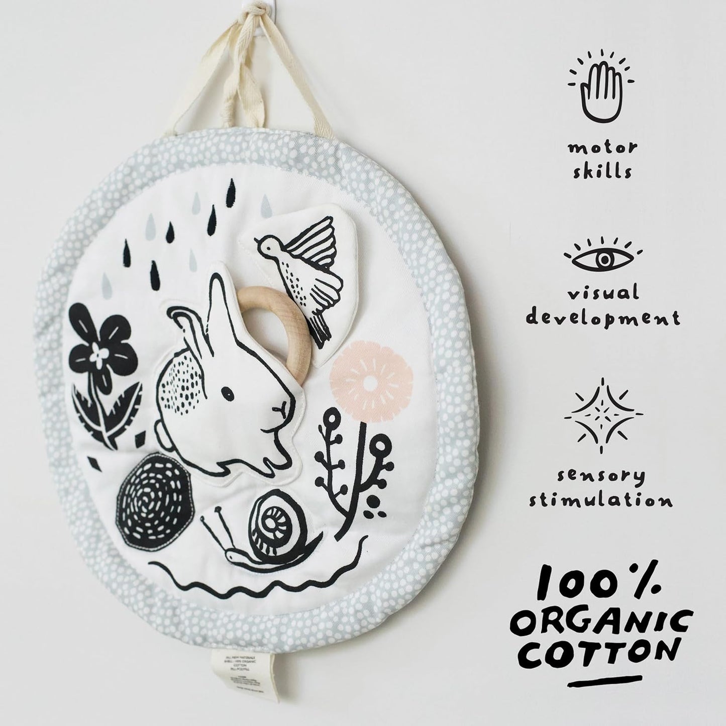 Wee Gallery Meadow Activity Pad Organic Baby Play Mat with Sensory Toys, High Contrast Newborn Essentials Soft Tummy Time Mat for Babies 0-12 Months, Visual and Motor Skill Development Toy