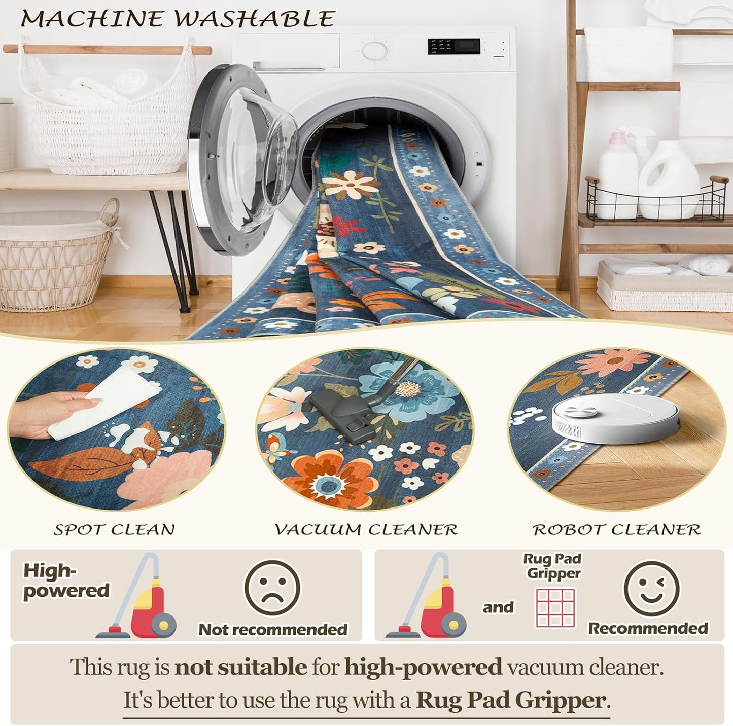 Floral 3x5 Area Rug Machine Washable Soft Print Boho Carpet Non Slip Doormat Low Pile Flower Area Rugs for Living Room Bedroom Nursery Kitchen Dining Room Indoor-Blue/Grey