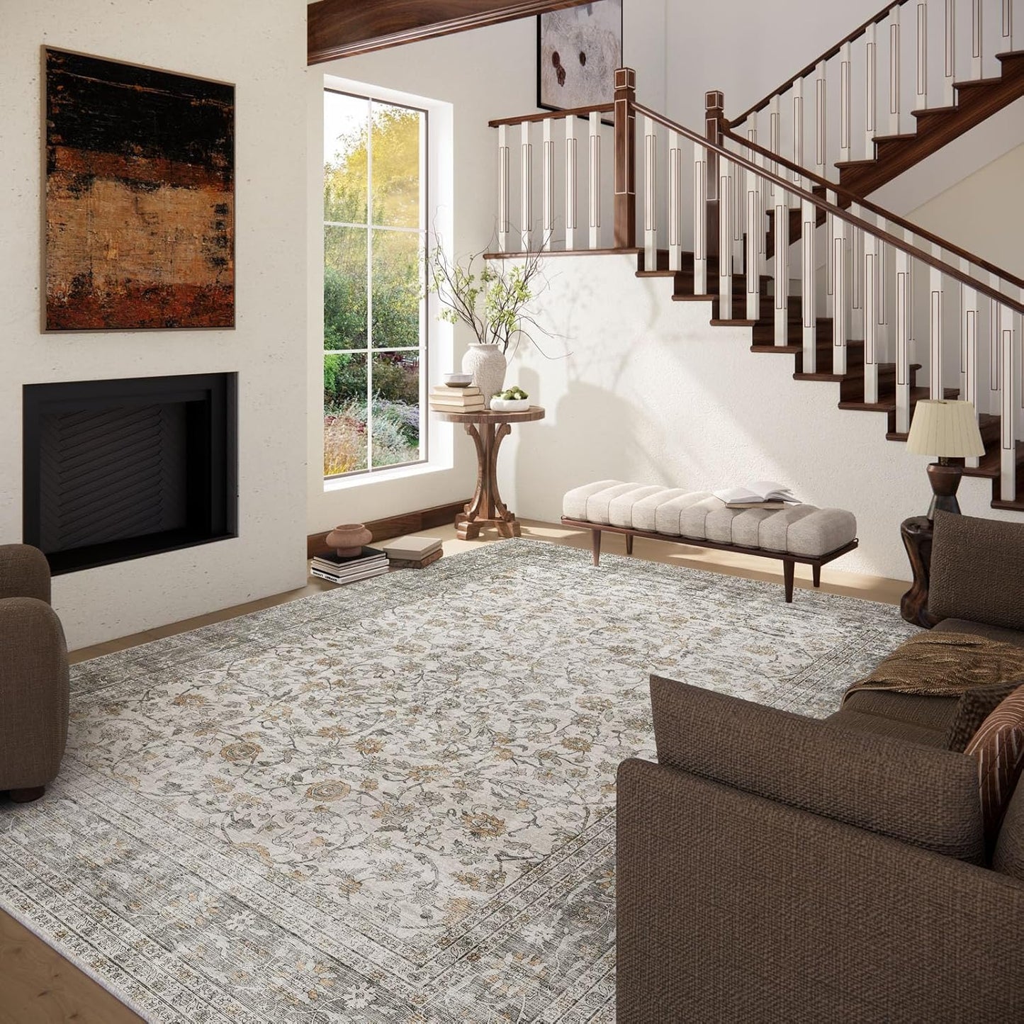 Machine Washable Rugs for Living Room: 5x7 Area Rugs for Bedroom Vintage Stain Resistant Non Slip Low Pile Soft Boho Carpet for Kitchen Dining Room Farmhouse Kids Room Nursery