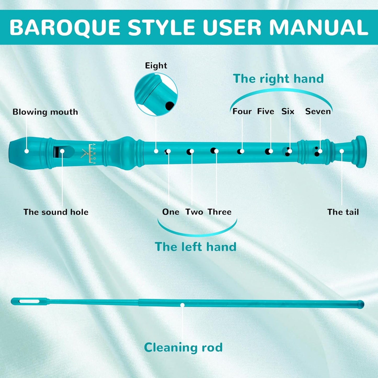 Soprano Recorder 8-Hole Instrument for Beginners Kids Students, Baroque Style C Key Flute with Cleaning Rod & acking Bag for Education & Entertainment - Cyan