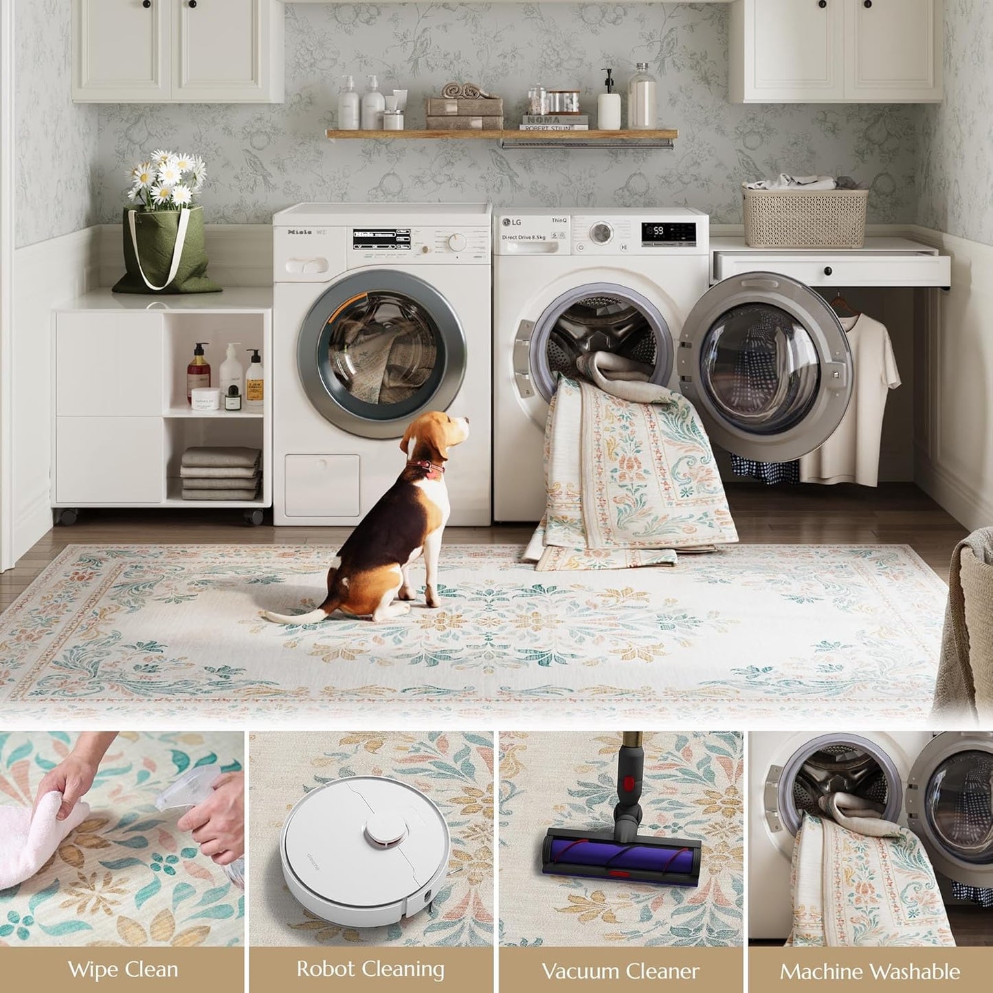 jinchan Hallway Runner Rug 2x8 Vintage Floral Distressed Design - Machine Washable Non-Slip Low-Pile Soft Thin Faux Wool Kitchen Carpet for Farmhouse Bedroom Laundry Room(2x8ft,Apricot Multi)