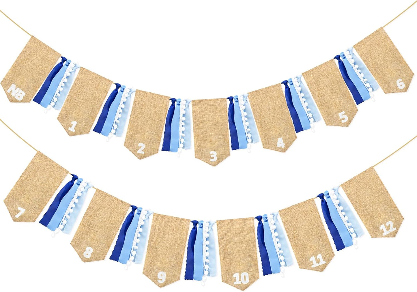 pinkblume 1st Birthday Burlap Photo Banner Garland Handmade Felt from Newborn to 12 Months with Gradient Blue Ribbon for Monthly Milestones Baby Boy First Birthday Party Decorations Supplies