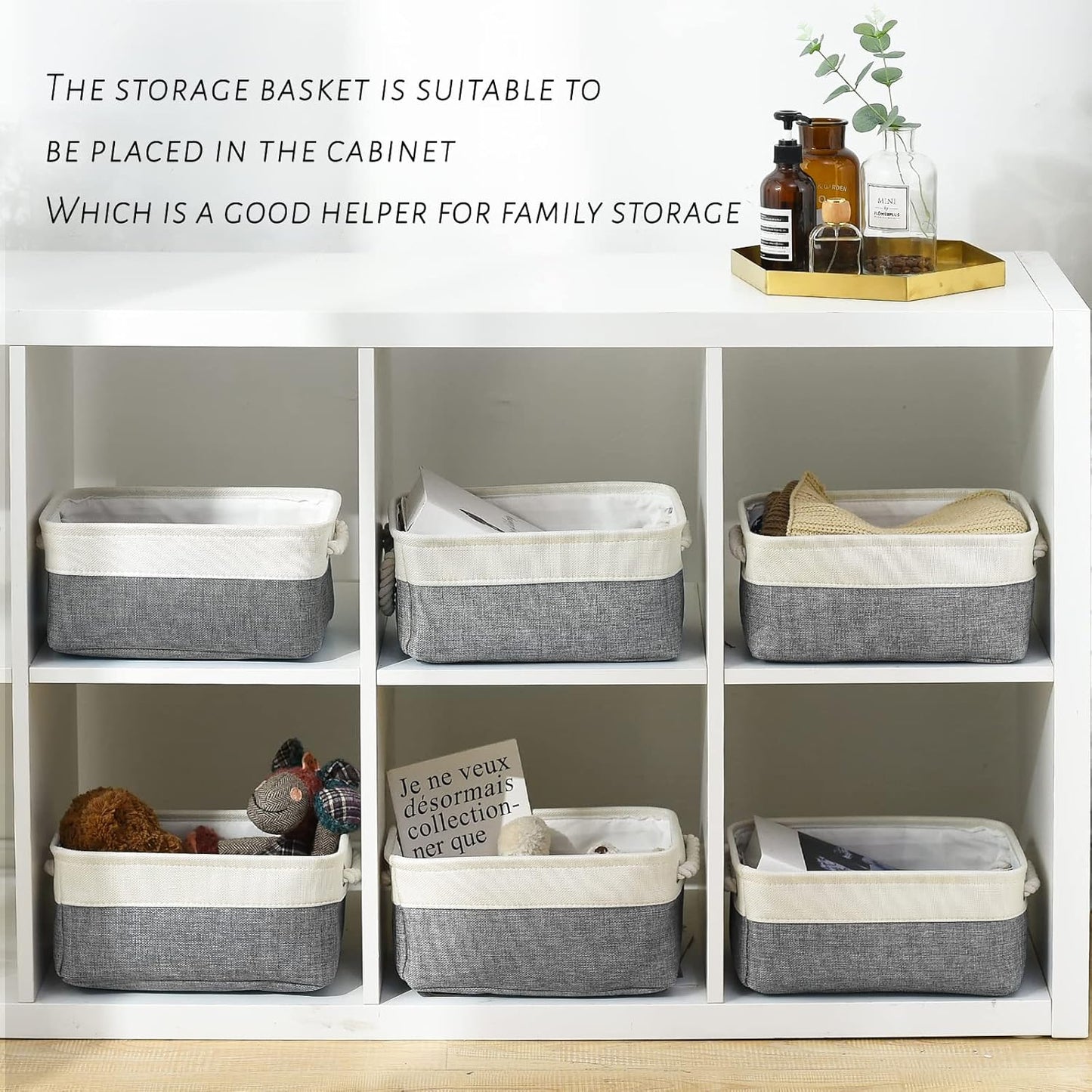 TcaFmac Small Storage Baskets for Shelf 6 Pack Canvas Storage Basket with Handles Fabric Storage Basket for Organizing Storage Bin (White and Grey, 12x8x5")