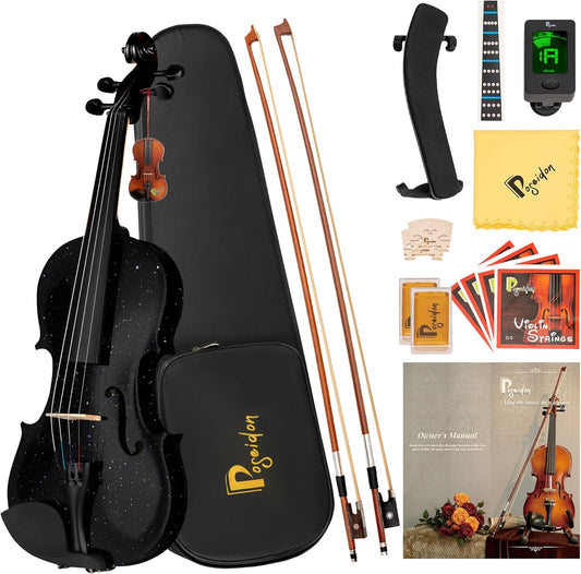 Poseidon 1/4 Violin for Beginner Fiddle Kit, Violin 1/4 Size for Student Stringed Musical Instrument w/Case, Two Strings Set, Two Bows, Two Bridges, Two Rosins, Clip-on Tuner, Manual - Glossy Black