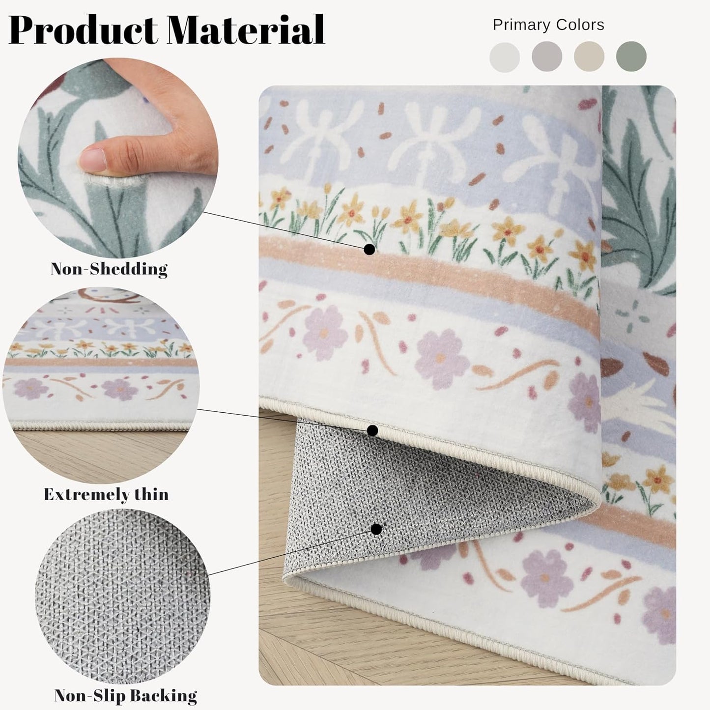 5x7 Washable Rug Vintage Floral Botanical Area Rug Non Slip Low Pile Large Rugs for Living Room, Bedroom, Farmhouse, Dining Room, Kids Playroom, Beige