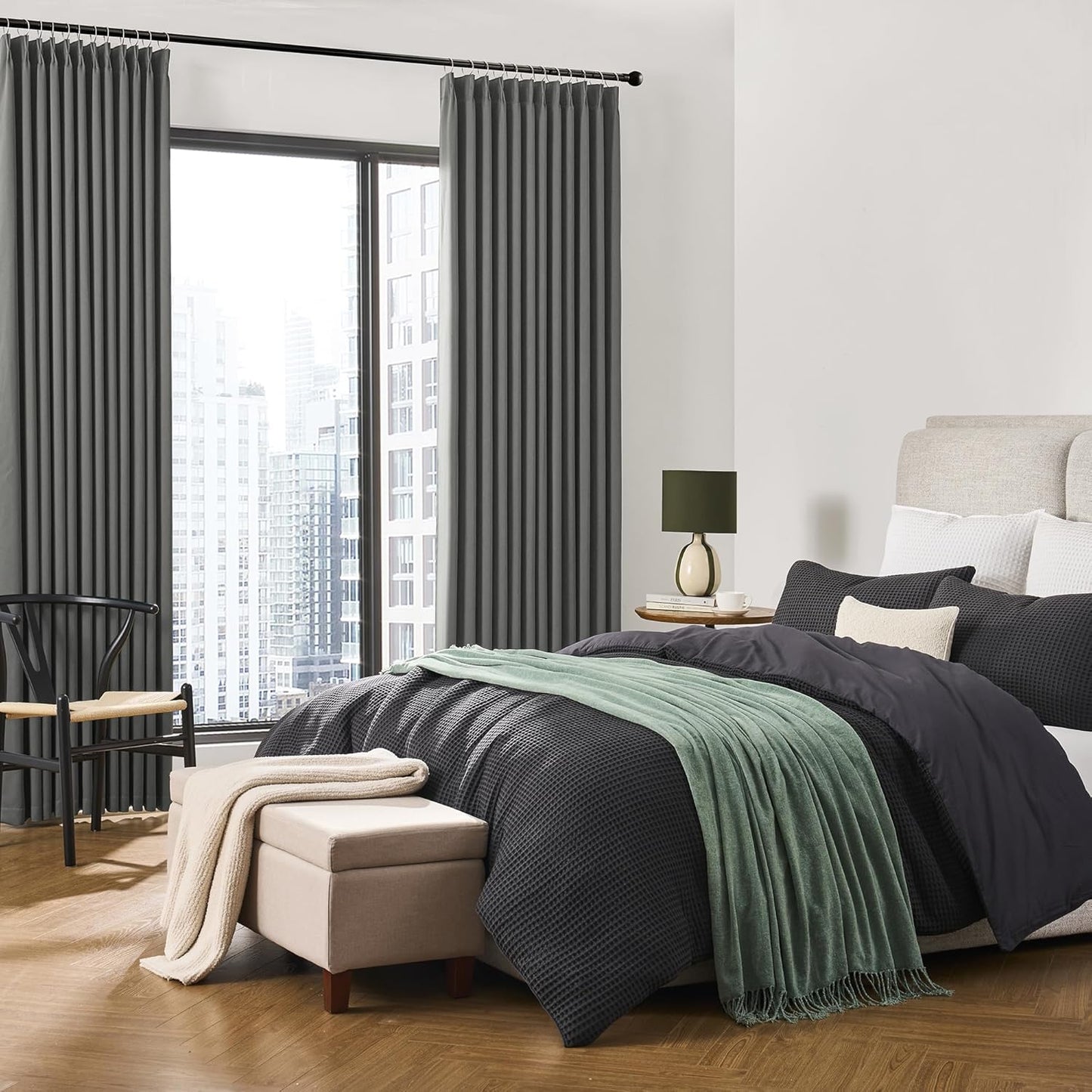 KEQIAOSUOCAI Blackout Pleated Curtains 105 Inches Long, Privacy Window Drapes for Living Room/Dining Room/Bedroom, 72 Inch Wide x 105 Inch Long,Grey Color, Pinch Pleat with Hooks, 2 Panels