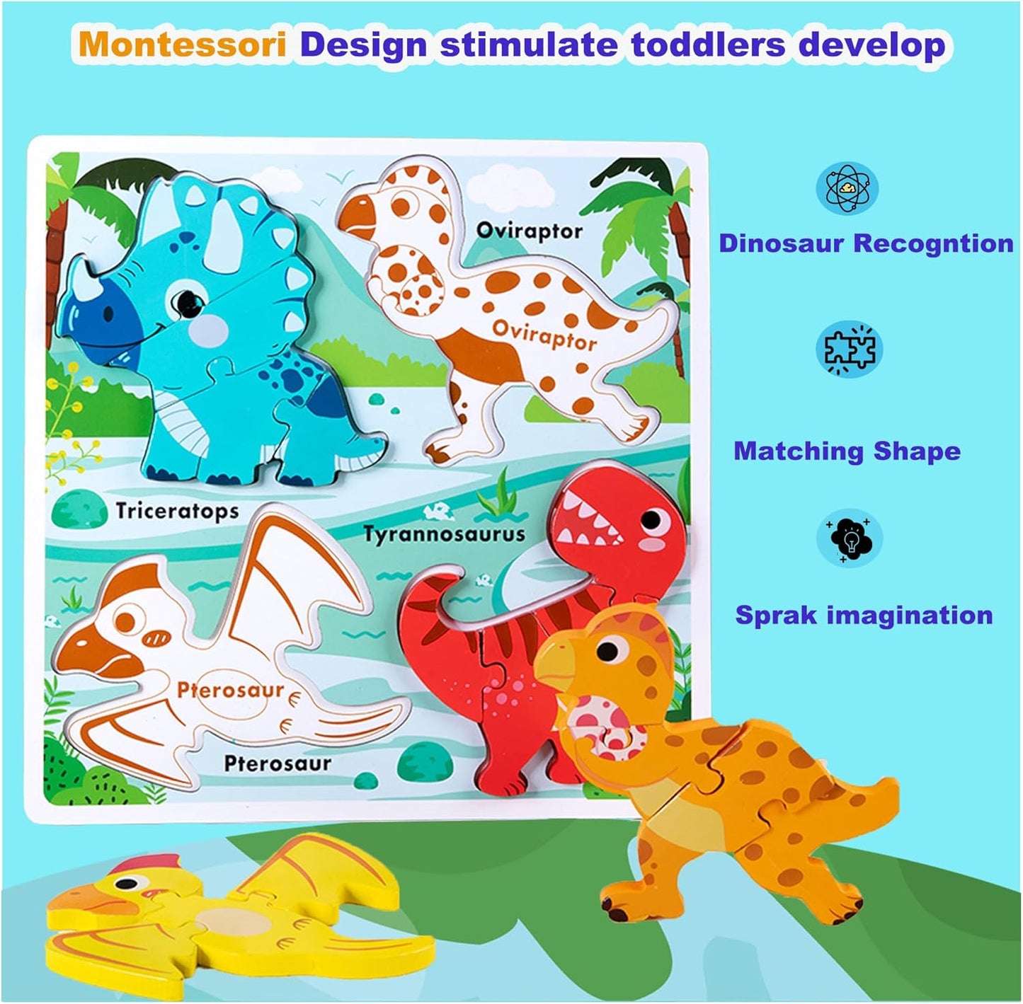 Wooden Jumbo Base Dinosaur Puzzle1-3, Dinosaurs Toys for 2 3 Years Old Boy Girls Kids,Toddler Toys Ages 2-4,Preschool Wood Dino Educational Gifts for Boys