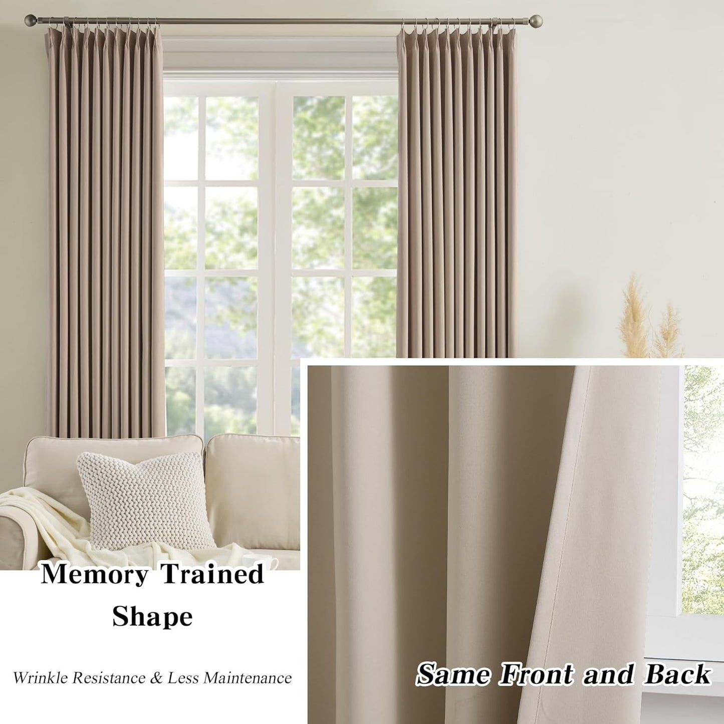 KEQIAOSUOCAI Pinch Pleated Curtains 108 Inch Long 9 FT Tall Curtains for Living Room Bedroom Thermal Memory Trained Pleated Viral Window Drapes with Hooks(Khaki,40W x 108L x 2 Panels)