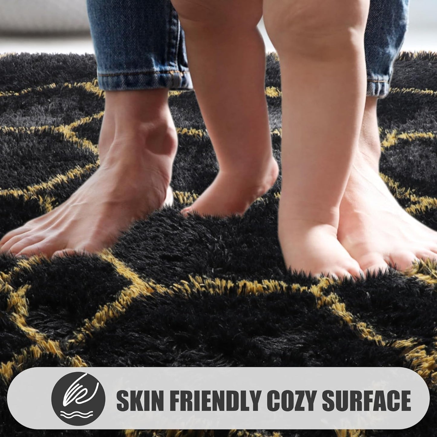 ONASAR 8x10 Area Rugs for Living Room, Fluffy Black and Gold Bedroom Rug, Washable Geometric Boho Large Soft Plush Shaggy Fuzzy Floor Carpet for Nursery Kids Classroom Playroom Dorm Home Decor