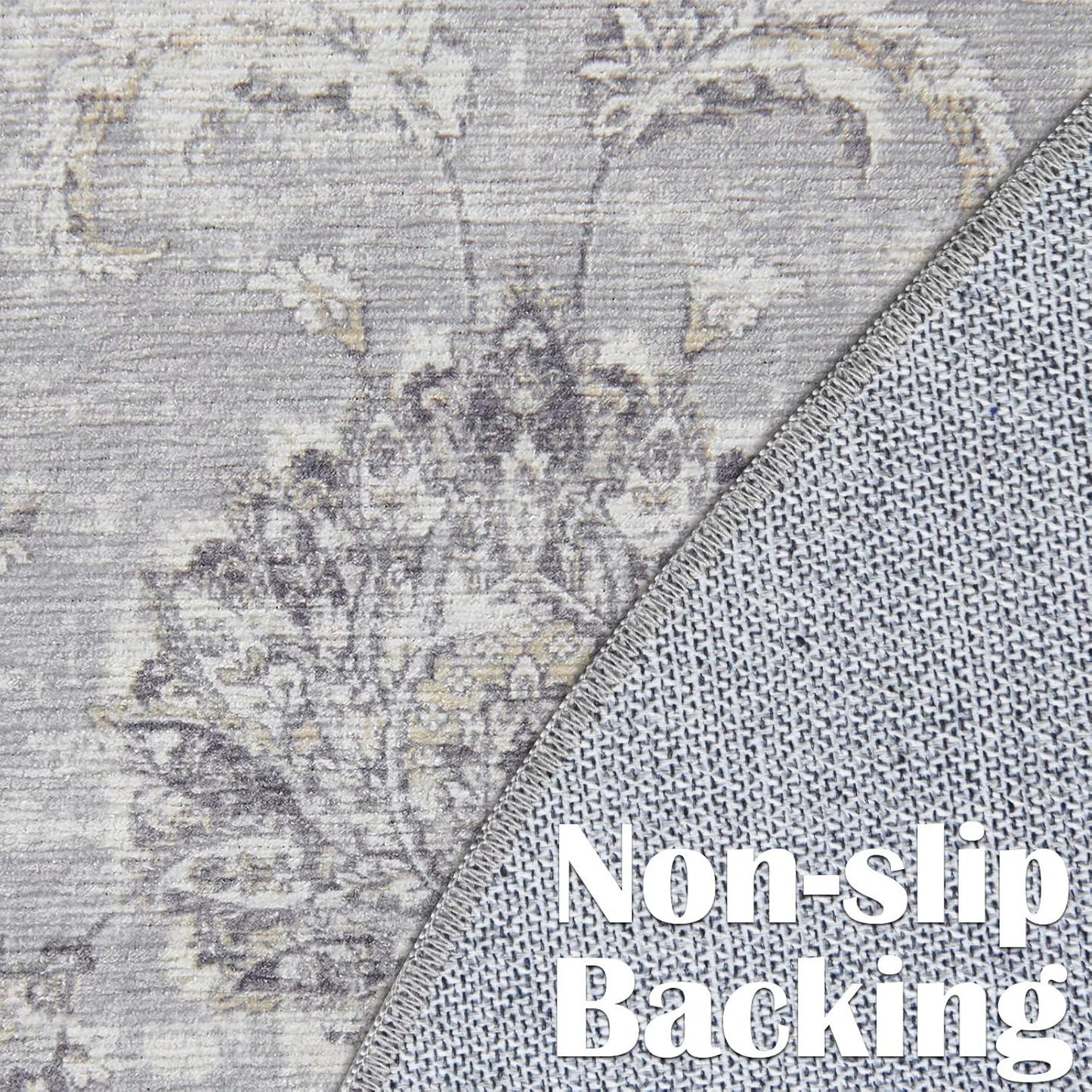 jinchan Round Rug 5ft Area Rugs Vintage Floral Distressed Design - Machine Washable Non-Slip Low-Pile Ultra-Thin Circle Rug for Entryway Bedside Living Room Dining Room Bedroom (5' Round,Grey)