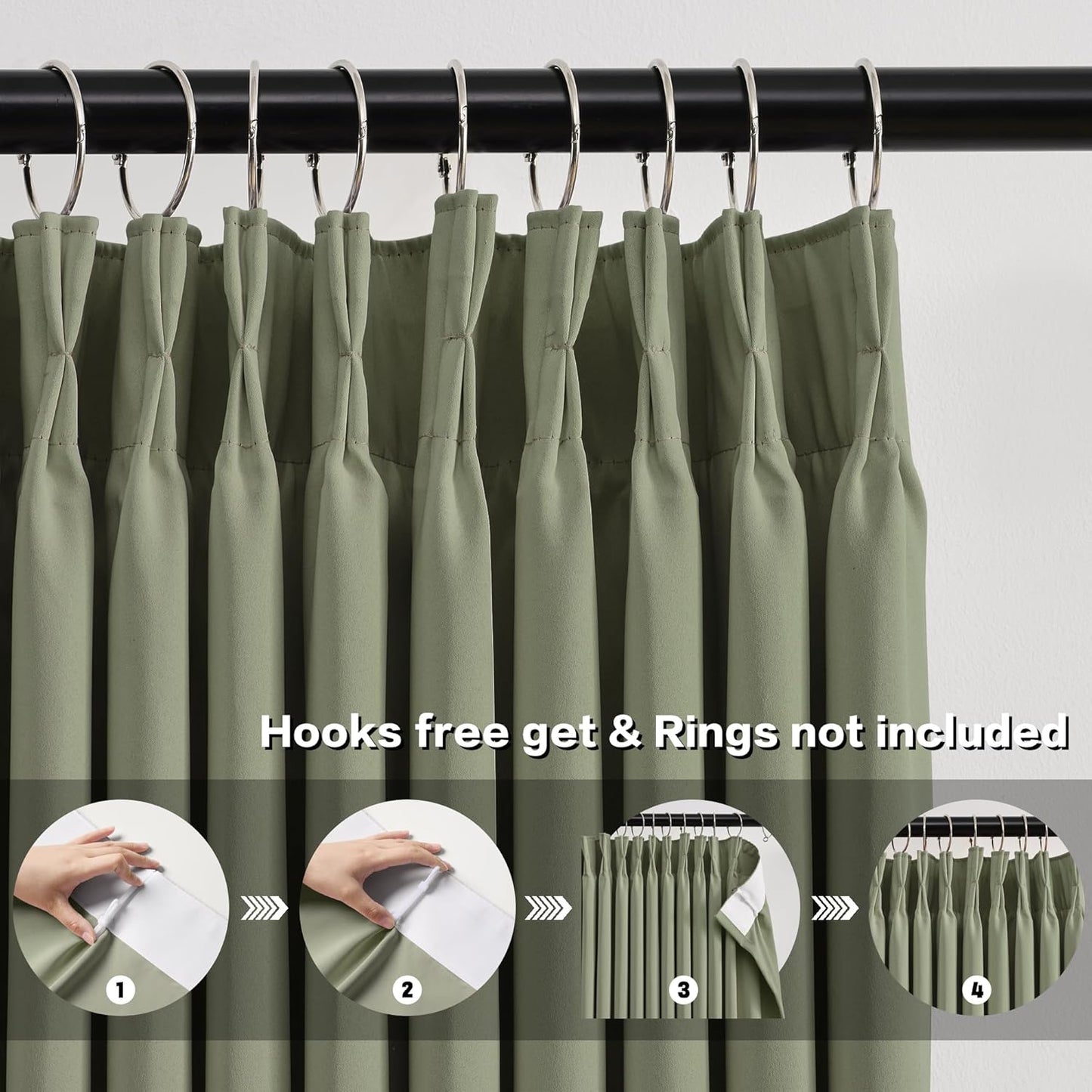 Sage Green Pinch Pleat Curtains 63 Inches Long Thermal Insulated Dark Black Out Short Drapery for Bedroom Light Blocking Window Covering Room Darkening Drapes for Living Room 40x63 2 Pieces