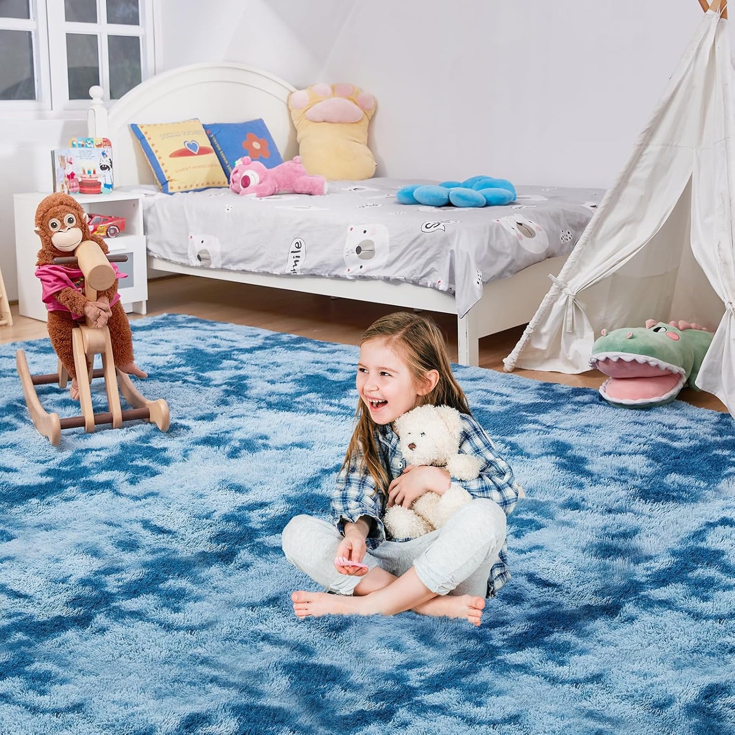 Ultra Soft Rug for Living Room, 6X9 Fluffy Shag Area Rug for Bedroom, Modern Shaggy Carpets Fuzzy Rug for Teens Dorm Nursery Home Decor Aesthetic, Upgrade Anti-Skid Durable, Tie-Dyed Blue Grey