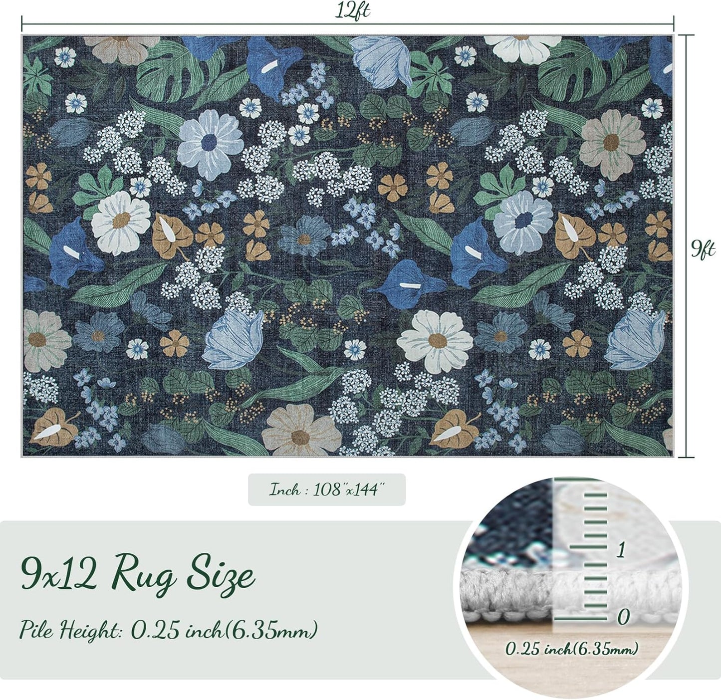 9x12 Area Rug for Living Room: Vintage Floral Washable Rug Soft Boho Non Slip Carpet Large Indoor Floor Non Shedding Low Pile Thin Carpets for Bedroom Dining Room Farmhouse Nursery Home Office Blue