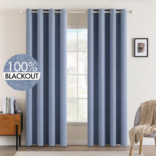 MIULEE Linen Texture Curtains for Bedroom Solid 100% Blackout Thermal Insulated Stone Blue Curtains Grommet Room Darkening Drapes Luxury Decor for Living Room Nursery 52x96 Inch (2 Panels)
