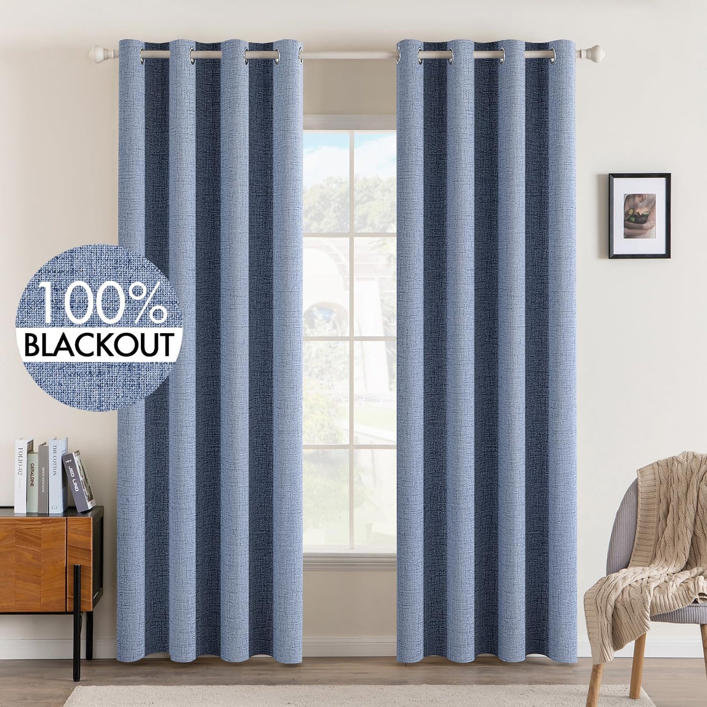 MIULEE Linen Texture Curtains for Bedroom Solid 100% Blackout Thermal Insulated Stone Blue Curtains Grommet Room Darkening Drapes Luxury Decor for Living Room Nursery 52x90 Inch (2 Panels)