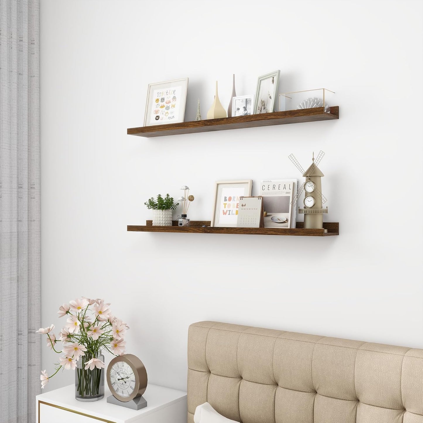 Picture Ledge Shelf, Wood Floating Shelves Set of 2, 36 inch Picture Ledge Shelves, Photo Ledge Nursery Book Shelves Wall Mounted for Living Room Kids' Room Bedroom, Color Walnut