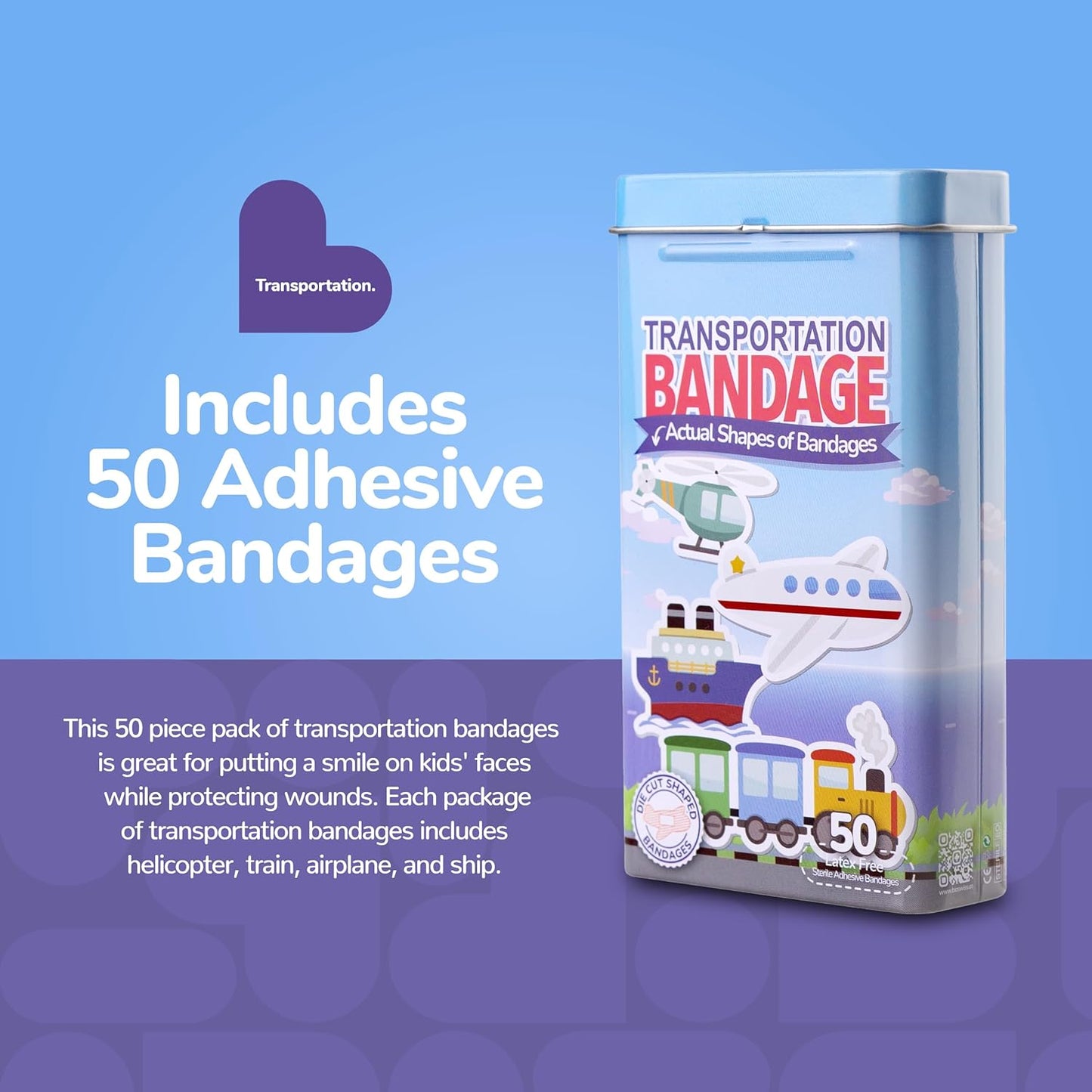 BioSwiss Bandages, Transportation Shaped Self Adhesive Bandage, Latex Free Sterile Wound Care, Fun First Aid Kit Supplies for Kids, 50 Count