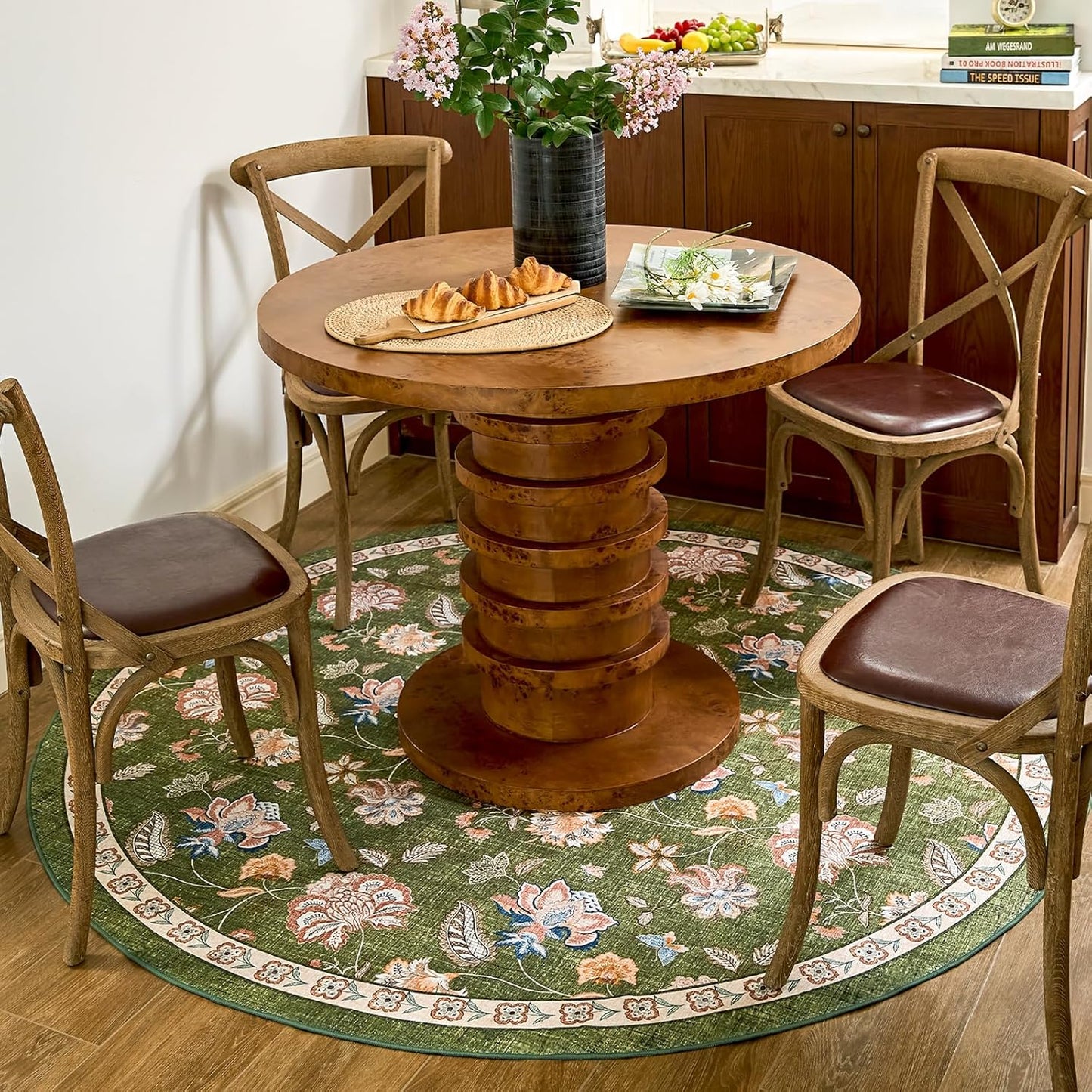 jinchan 6ft Floral Round Rug for Dining Room Washable Living Room Rug Vintage Romance Design Non Slip Indoor Floor Cover Lightweight Low-Profile Throw Carpet for Bedroom Porch Patio, Green