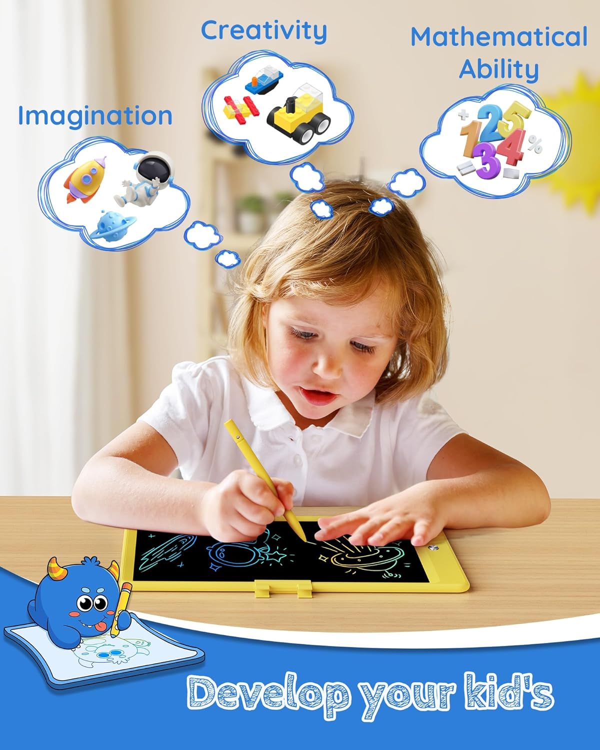 TEKFUN Toys for Girls Boys 10IN LCD Writing Tablet, Magic Doodle Board with Anti-Lost Stylus, Mess Free Coloring for Toddlers Drawing Pad, Toddler Travel Car Plane Trip Toys Gifts (Yellow)